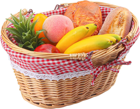 14.2 Inch Natural Wicker Basket with Linen Cotton Cloth Lining, Oval Wicker woven Basket with Handle, Willow Woven Picnic Baskets for Picnic, Camping, Party(Large)