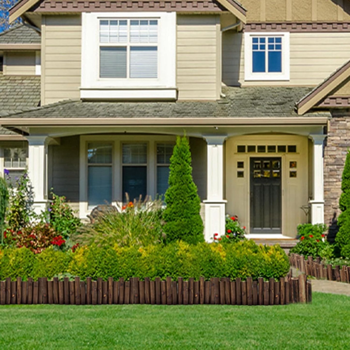 Wood Garden Fence, Natural Wooden Solid Log Edging Border Decorative for Flower Bed Barriers and Landscape Fencing (4PACK)