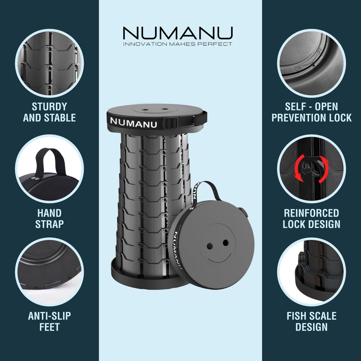 Portable Collapsible Stool, Lightweight & Sturdy, Adjustable Height Telescopic Folding Stool for Adults, Retractable Camping Chair, Telescoping Seat or Footrest for Home & Outdoors, 18"H Max 400lb