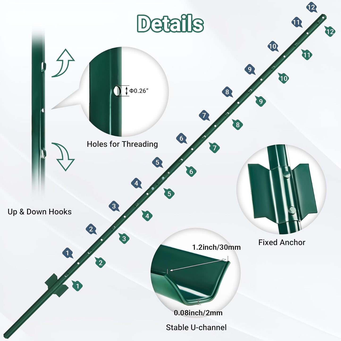 Metal Fence Posts 7 Ft, Assembly Required, Upgraded and Thickened, Green, 8 PCS