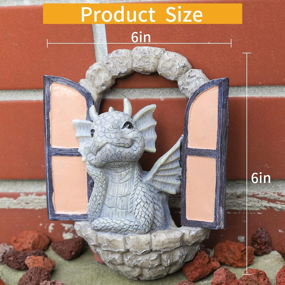 Dragon Garden Ornament Resin Craft Ornament Statue Fairy Door Yard Art Outdoor and Garden Solar Light Luminous Sand Open Door Dragon Wall Statue Outdoors Decor (Eye to Eye)