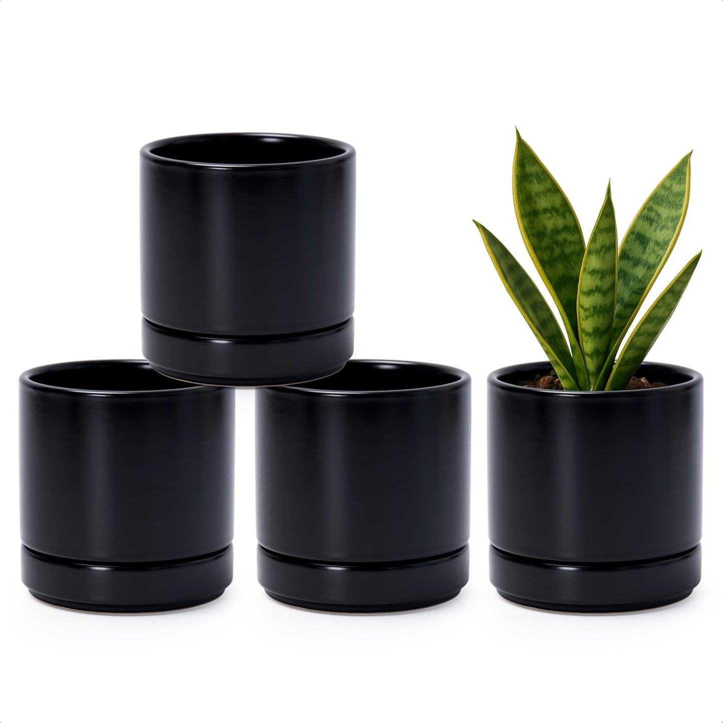 D'vine Dev Set of 4 Small Ceramic Plant Pots, 4.7 Inch Succulent Planter Pot for Plants with Drainage Hole and Saucer, Black, 94-X-B-2