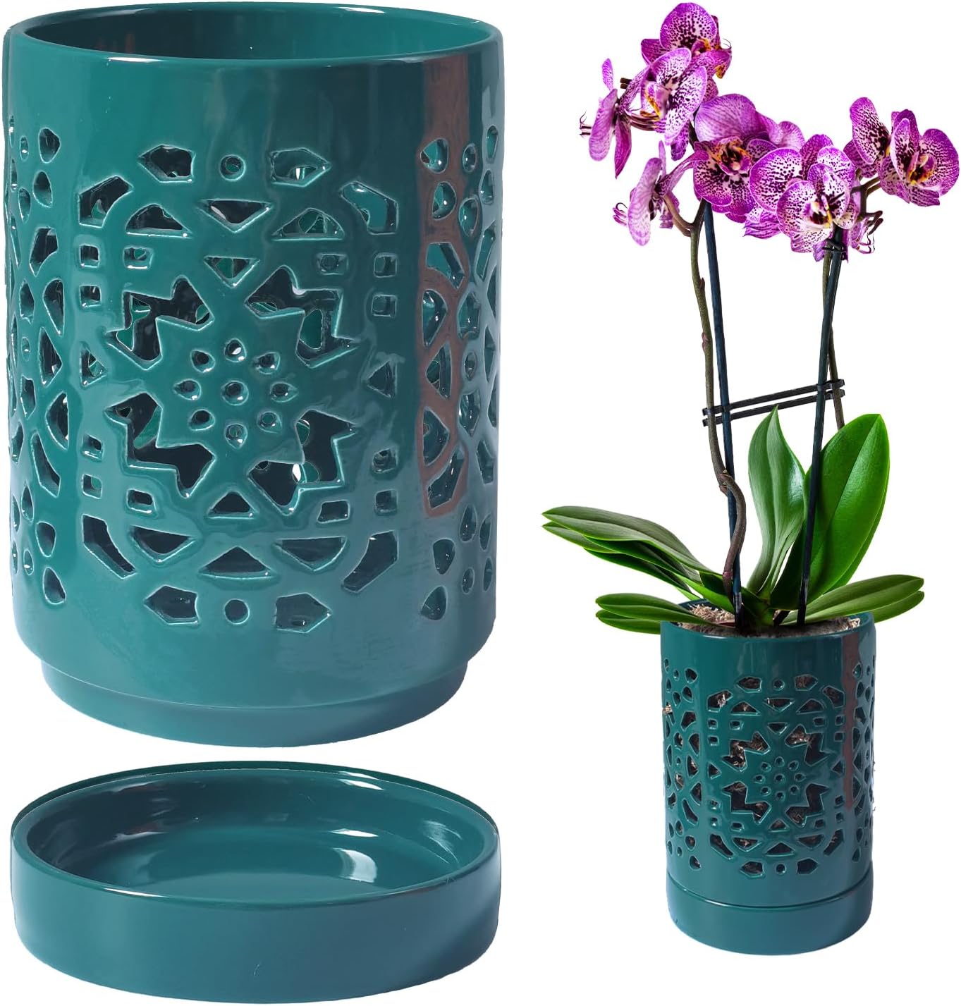 Orchid Pot 4 Inch, Orchid Pots with Holes & Saucers for Repotting, Breathable Slotted Orchid Pots Flower Plant Nursery Pot Green