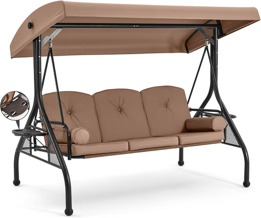 HOMREST 3 Seat Outdoor Porch Swing with Adjustable Canopy, Convertible Patio Swing Bed with Stand, Patio Glider Swing with Upgraded Cup Holder, Thicken Cushions ＆ Pillow for Backyard (Brown)