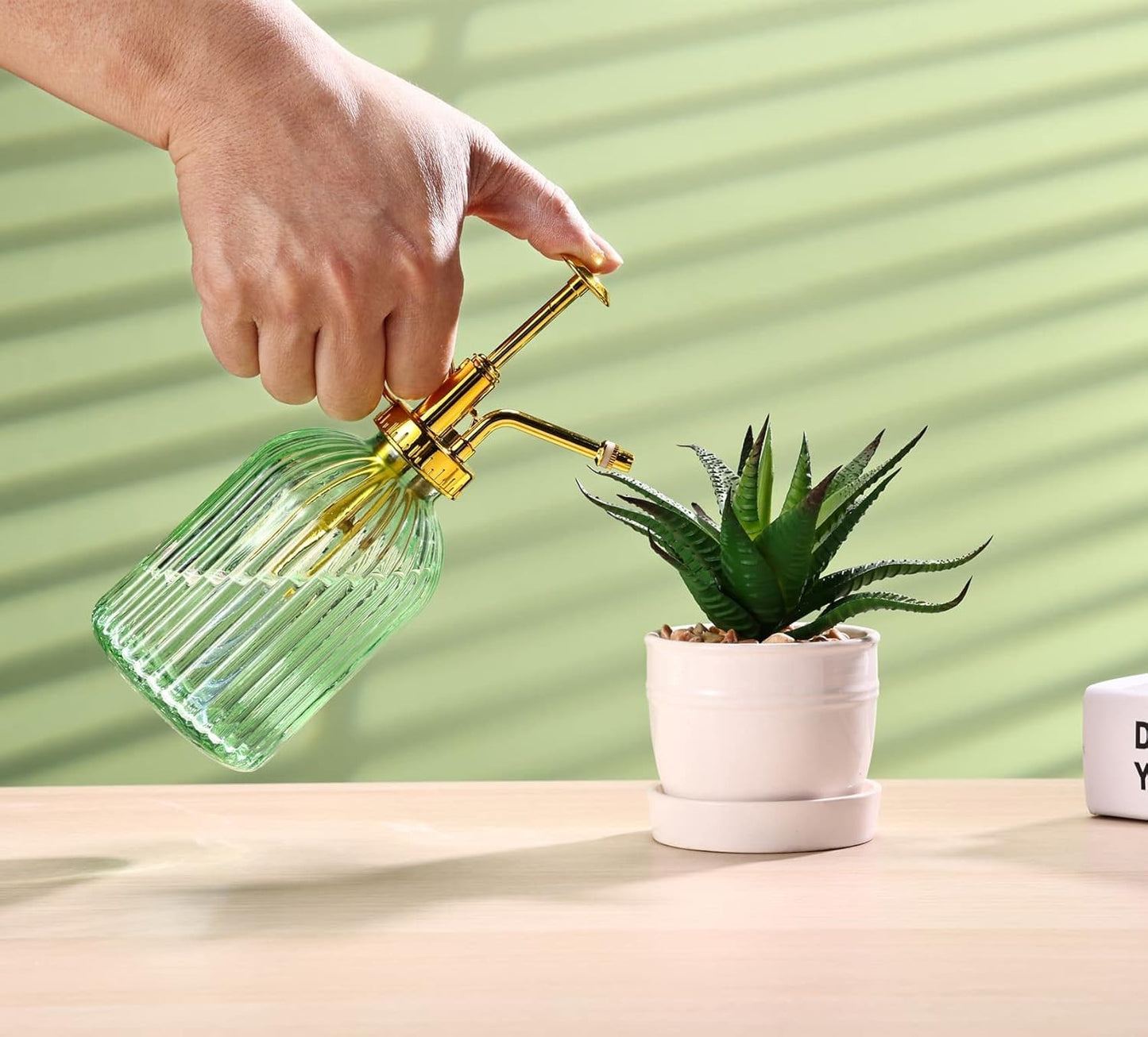 Glass Plant Mister Spray Bottle, 7.5" Green Glass Water Spray Bottle with Gold Top Pump Small Watering Can, Small Plant Sprayer Mister for Indoor Outdoor House,(Green+Gold E)