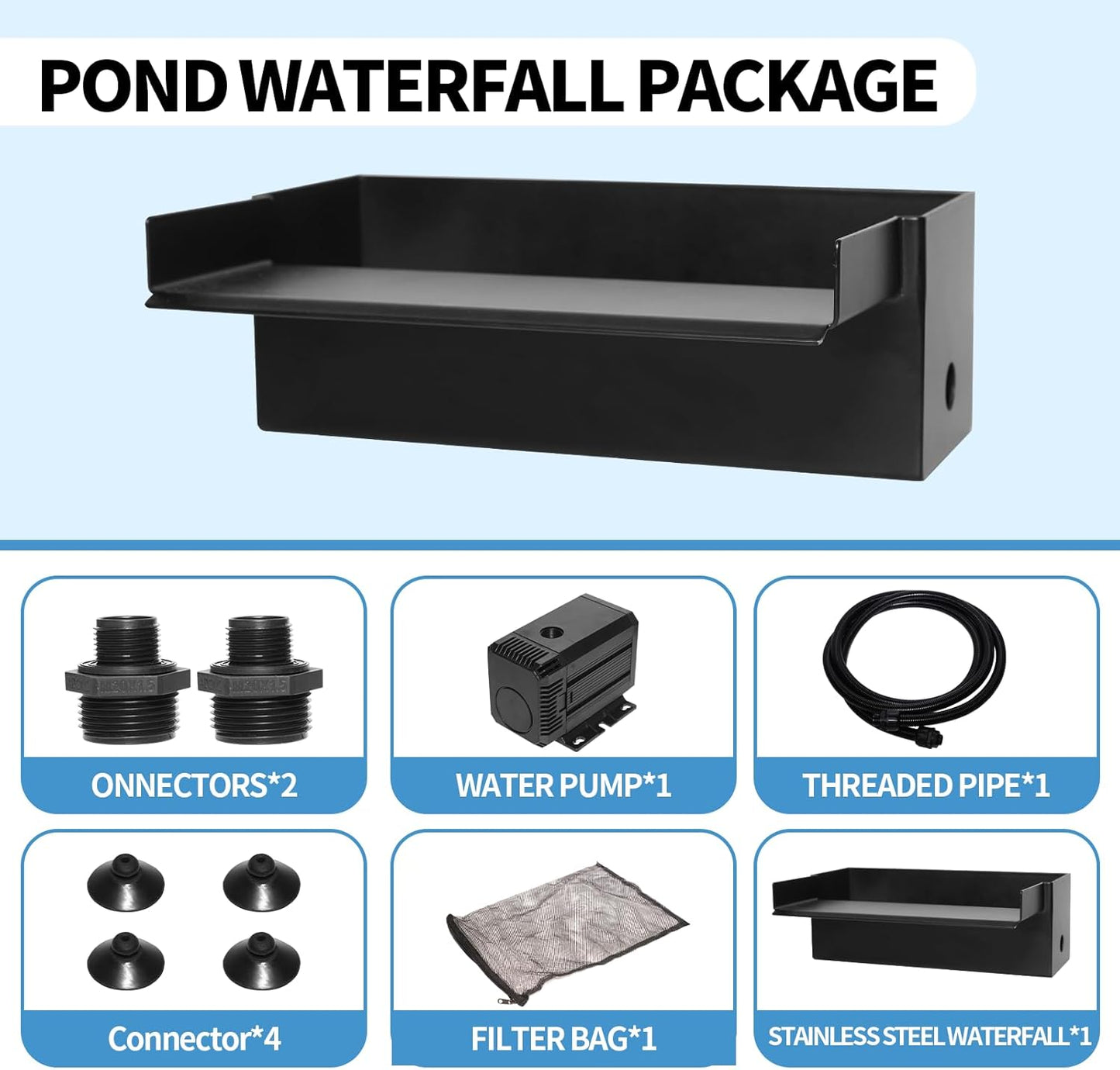 Pond Waterfall Kit for 2000 Gallon Ponds – Waterfall for Pond Kit Include 12.2" Stainless Steel Spillway Box, 55W 900GPH Pump & 10FT Tubing | Ultra-Quiet, Easy Install