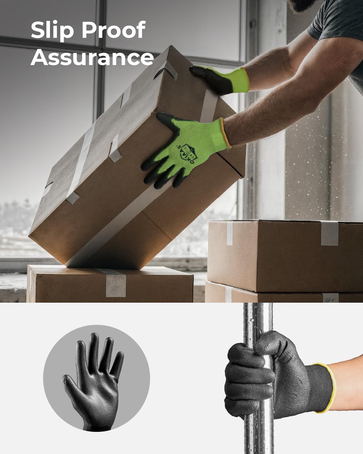 OKIAAS Work Gloves for Men - Ultra Thin and Lightweight With Grip, Bulk Case of 60 Pairs, Polyurethane Coating for Construction and Light Duty Work (Black, X-Large)