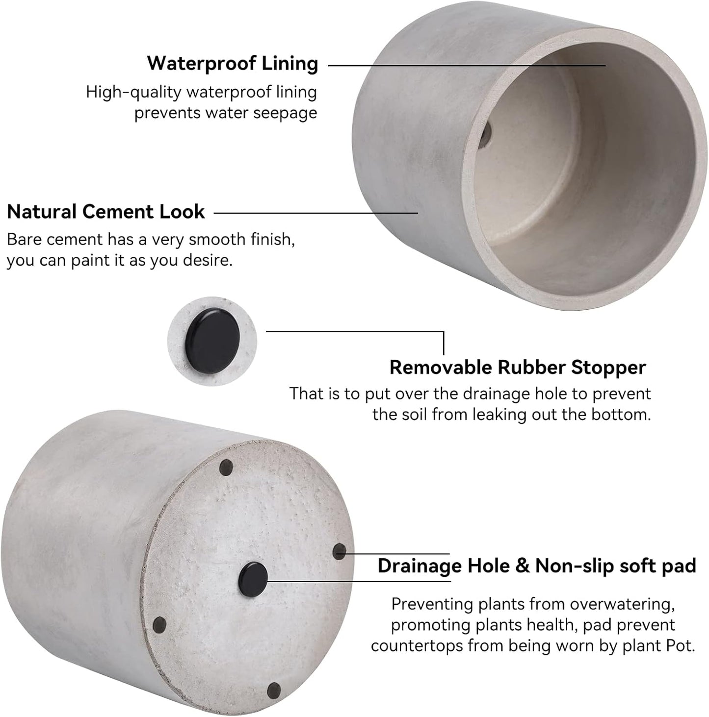 Ekirlin Planters for Indoor Plants, 3.5/4 Inch Plant Pots with Drainage Holes, Removable Rubber Stopper, Non-Slip Soft Pad - Grey Cement Concrete Planter for Most Indoor Outdoor Plants and Flowers