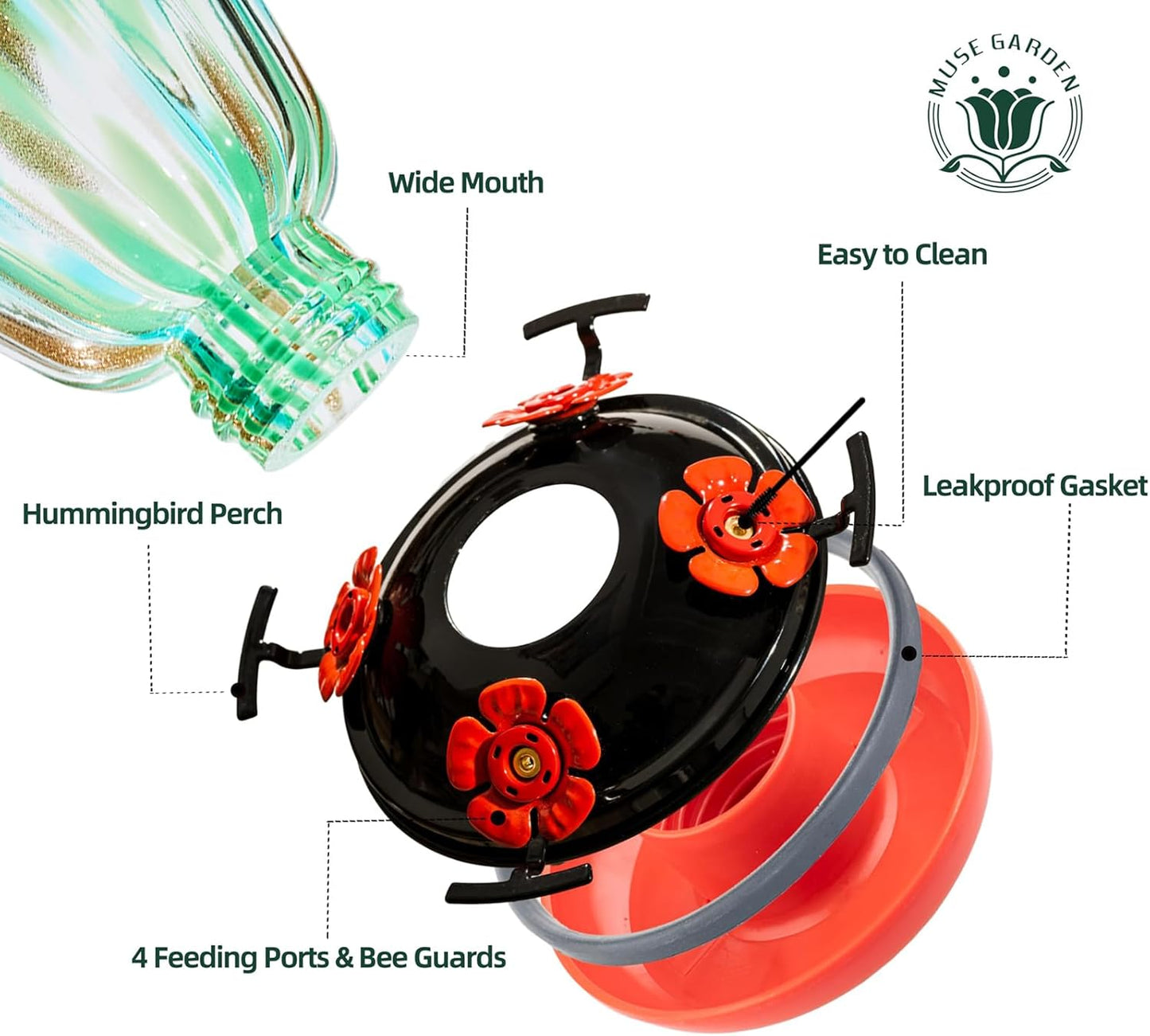 Muse Garden Solar Hummingbird Feeders for Outdoors Hanging, 38oz Hand Blown Glass Humming Bird Feeders for Garden Decor, Moms Birthday Unique, Green