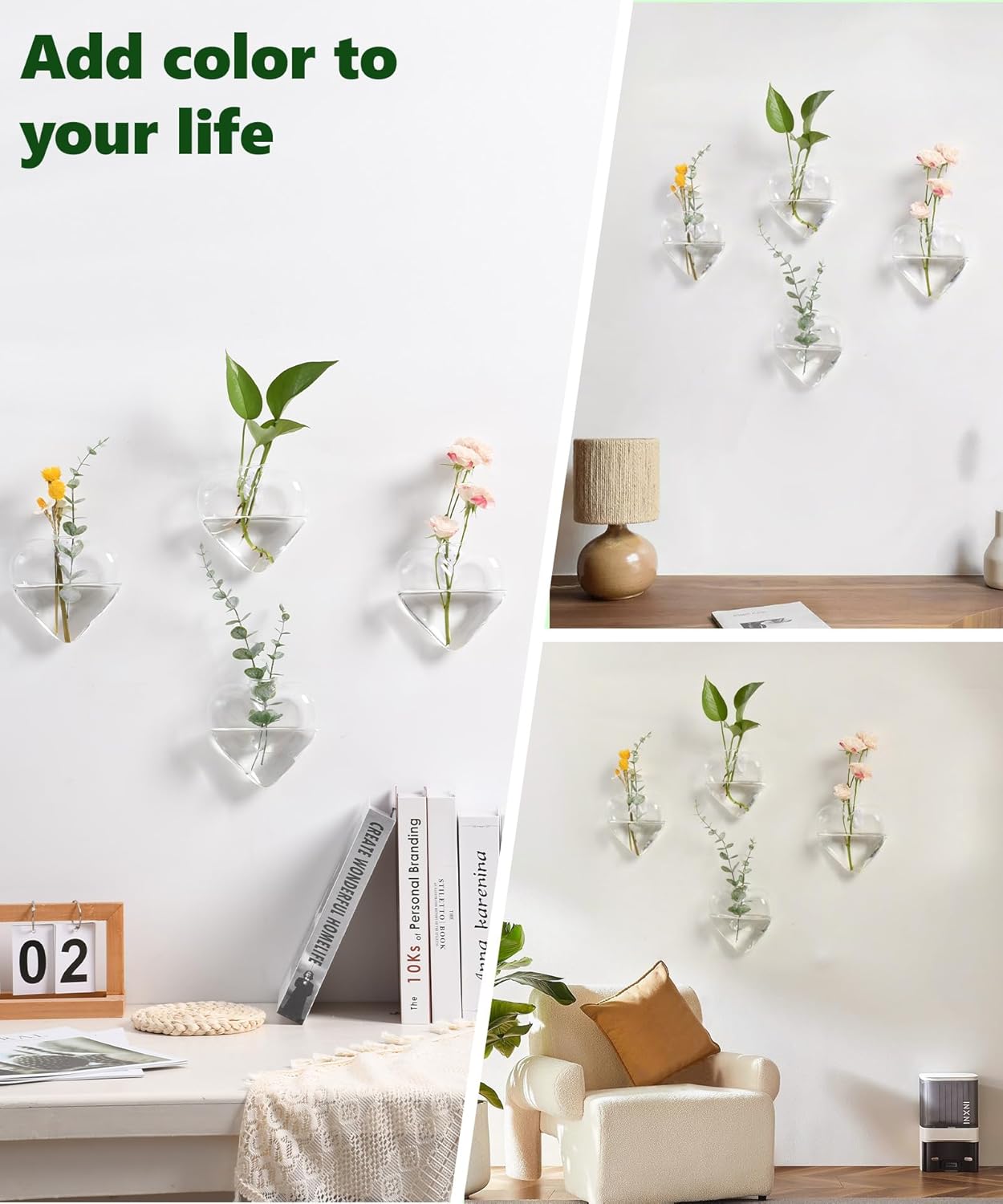 Nacome Wall Hanging Glass Planter Terrarium Plant Propagation Station, 4 Pack Heart Shape Vase for Hydroponic Home Office Garden Decor,Unique Gardening Gifts for Plant Lovers Women Mom