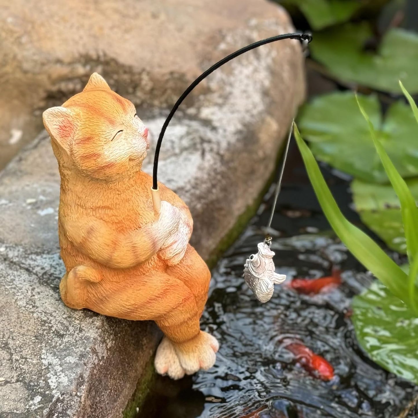 Cat Decoration for Yard Outdoor Garden Decor 9.7 Inch Tall Fishing Cat Statue for Koi Pond, Waterfalls or Poolside Ornaments, Fisher Guy Cat Figurine Pond Decor, Gift for Mom & Women