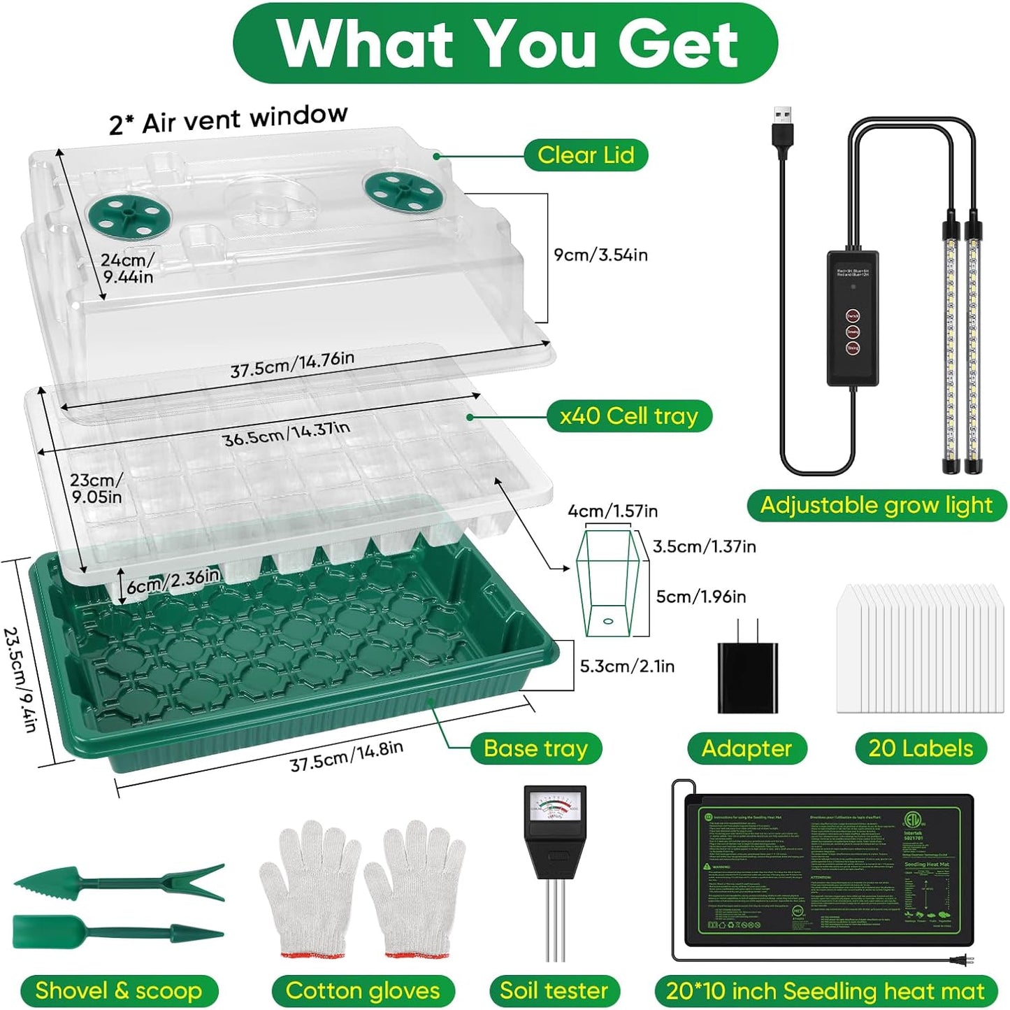 BlumWay 4-in-1 Seed Starter Tray with Grow Light &Heat Mat & Soil Meter Set,40-Cells Seedling Tray with Humidity Dome for Indoor Plant