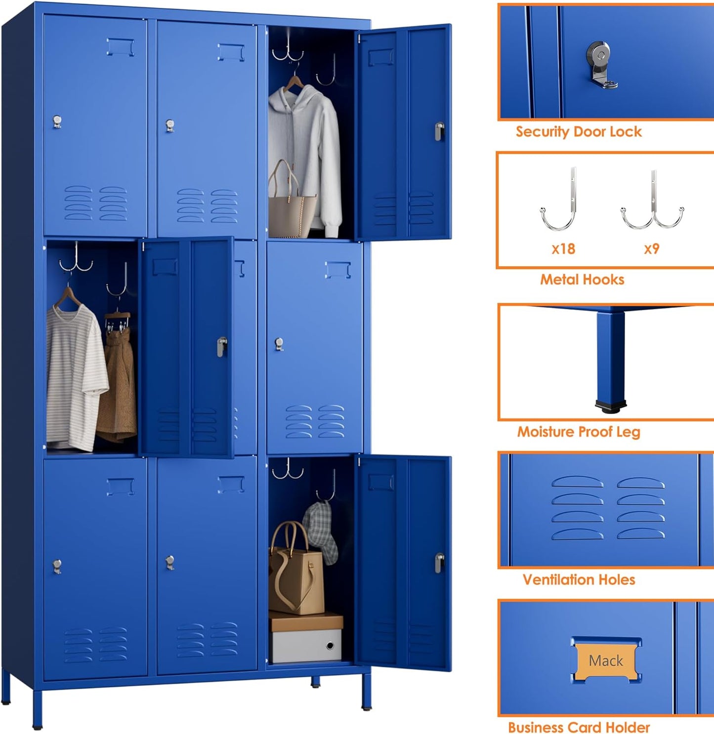9 Doors Metal Storage Lockers for Employees with 27 Hooks,72" H Employee Lockers with Business Card Holder for Offices School Gyms Home,Assembly Required,Blue