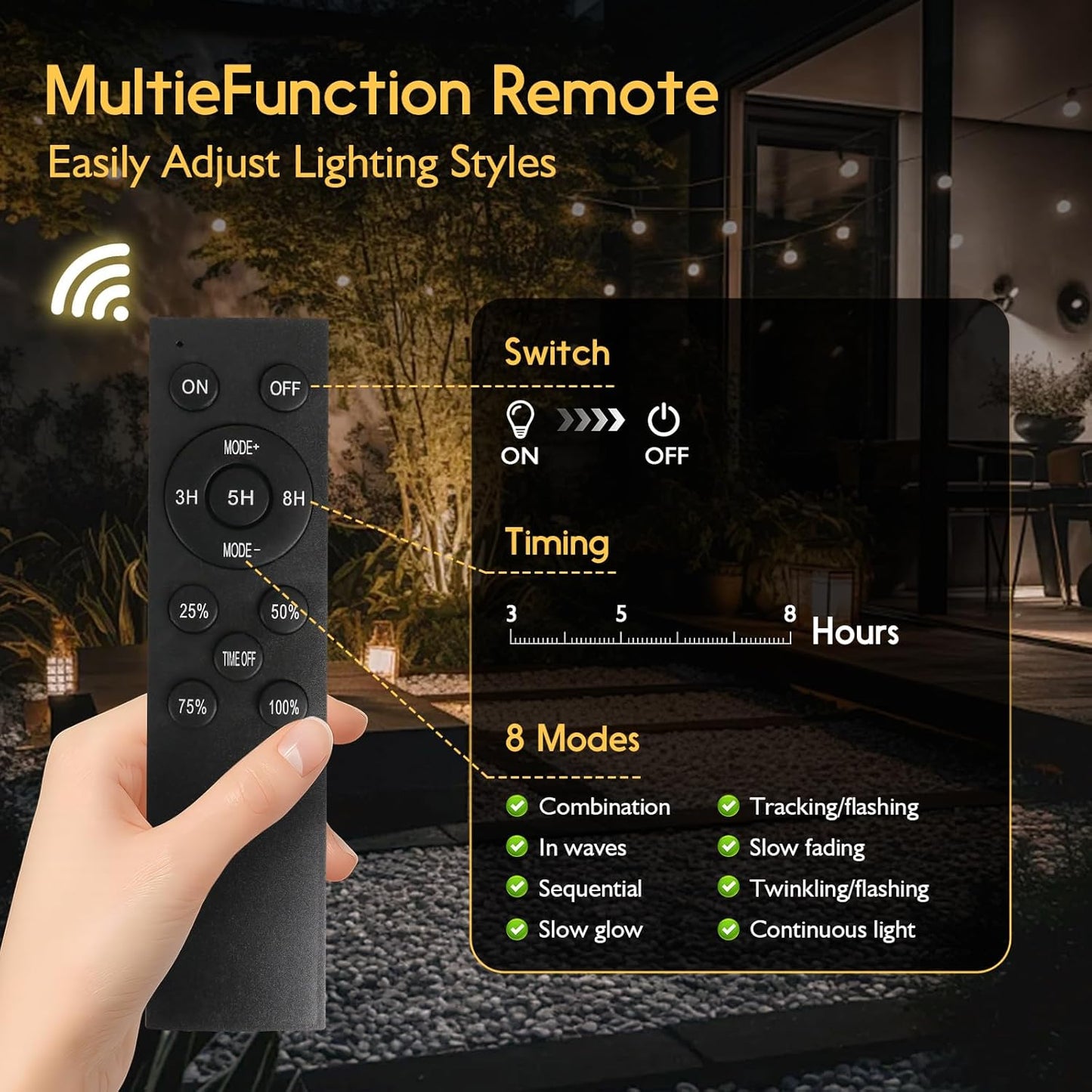 S14 Solar String Lights Outdoor with Remote 100 FT, USB & Solar Dual Charging, Waterproof, 8 Modes 3 Timers, 34+3 LED Shatterproof Bulbs, Dimmable Solar Light for Camping Backyard Bistro Porch Garden