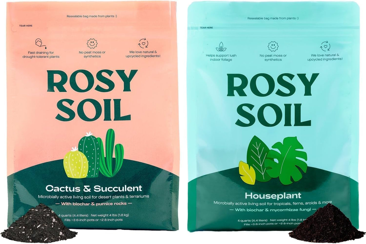 Rosy Soil Cactus and Succulent Potting Soil Mix (4 qts) + Indoor Potting Soil (8 qts) - Peat Free House Plant Soil - Potting Soil Mix for Indoor Plants