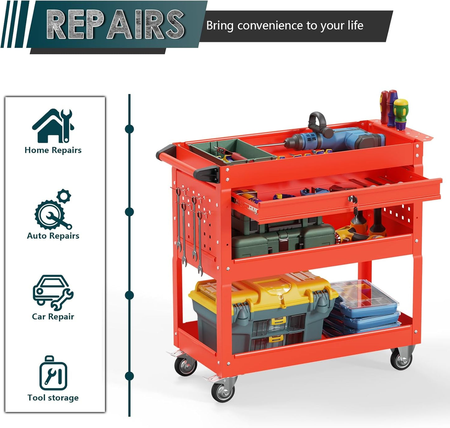 3 Tier Rolling Tool Cart on Wheels with Locking Drawer - Metal Service Cart Industrial Utility Cart for Mechanic - 350 LBS Mobile Storage Organizer for Garage, (Red)
