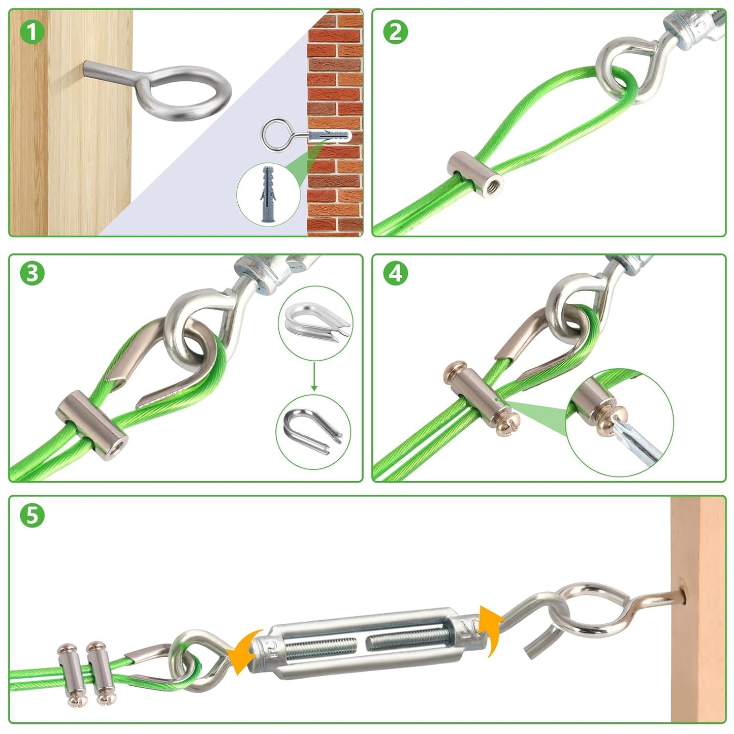 Turnbuckles for Cables Wire, 1/8" X 100Ft Green PVC Coated Wire Rope Kit, Multi-use Steel Cable for Grape Vines/Clothes Line Outdoors for T Post/String Light Hanging/Garden Cable
