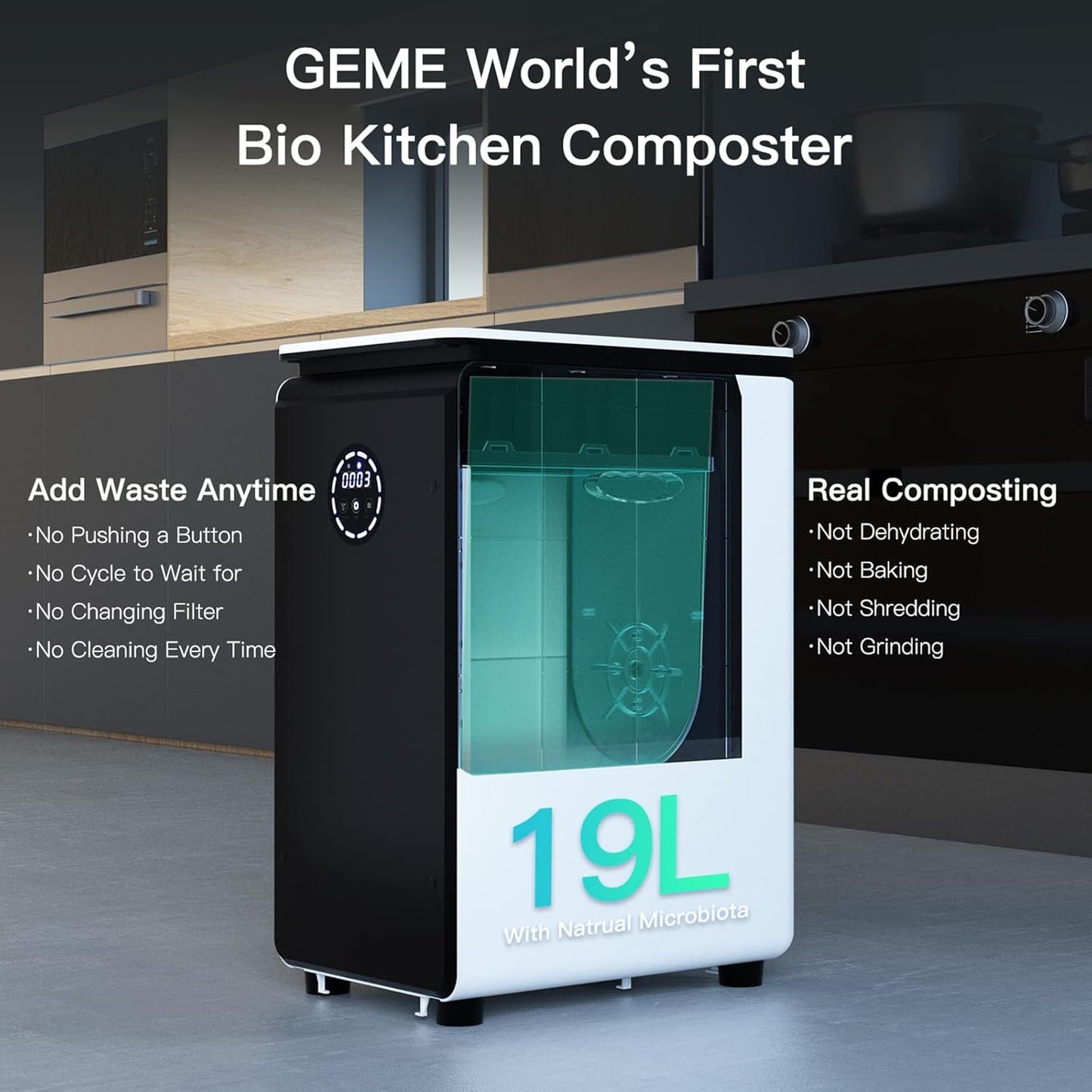GEME | World's First Bio Smart Electric Composter Kitchen, Turn Food Waste into Real Organic Compost No Dehydration - 19L Food Cycler Compost Machine with Electric Compost Bin…