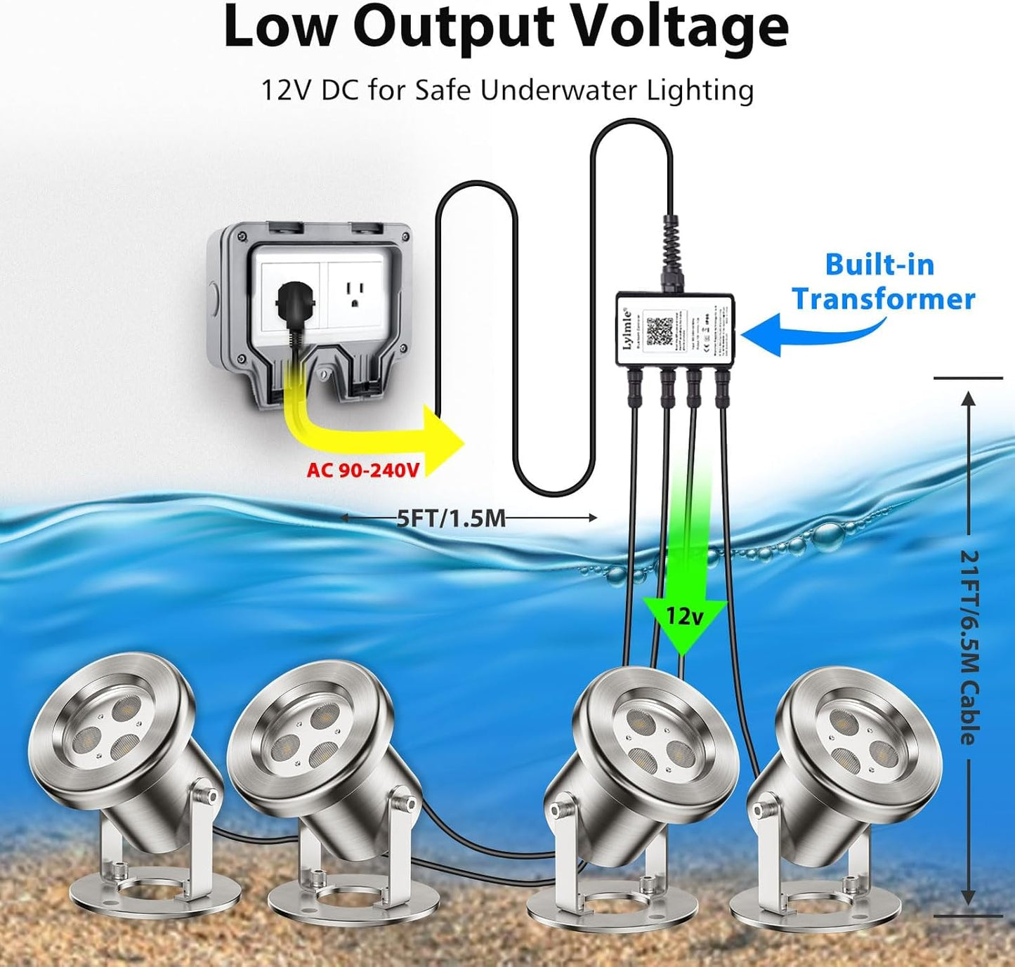 LyLmLe LED Pond Lights with APP Control, 6W SS316 Stainless Steel RGB Underwater Fountain Light with 12V Transformer, IP68 Waterproof Outdoor Underwater Lights for Pond Waterfall, Black Wire(4-Spots)