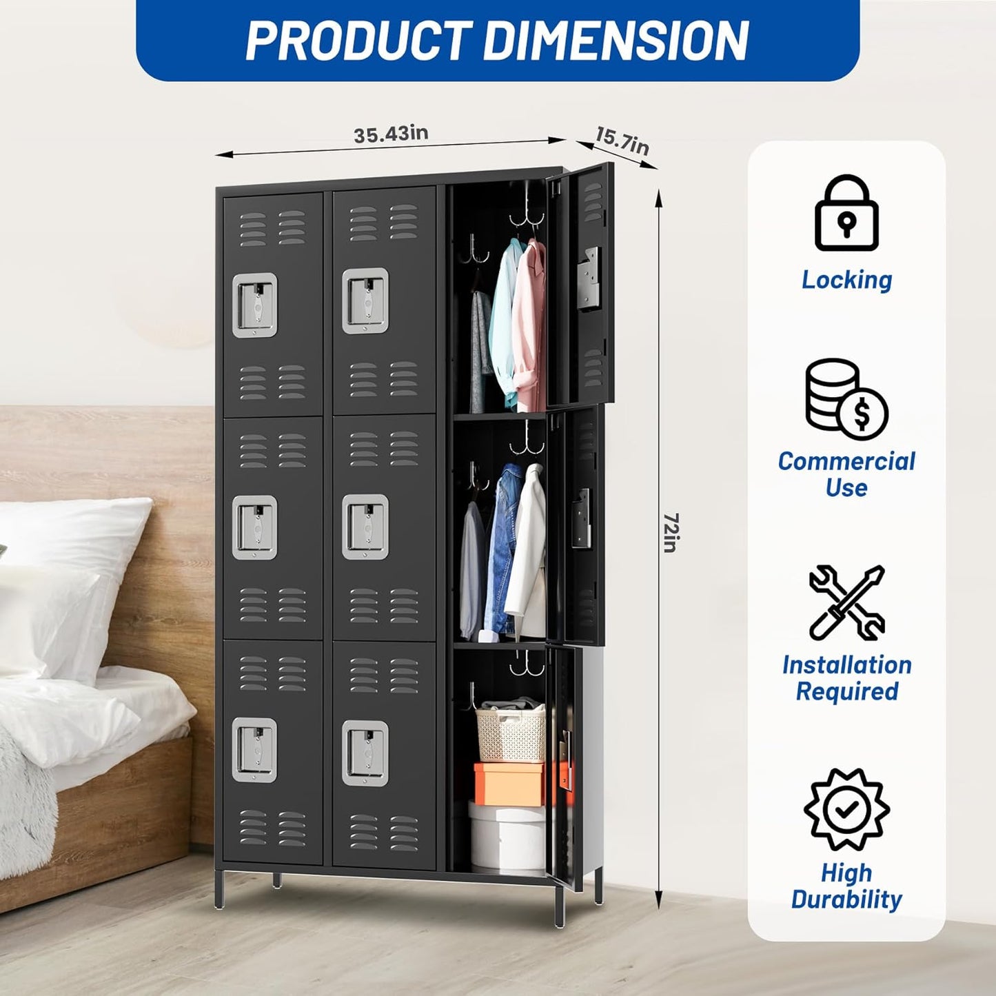 9-Door Metal Locker with Lock, 71”H Multi-Use Storage Locker for Employees, School, Office, Gym, Home, Garage, Industrial - Assembly Required
