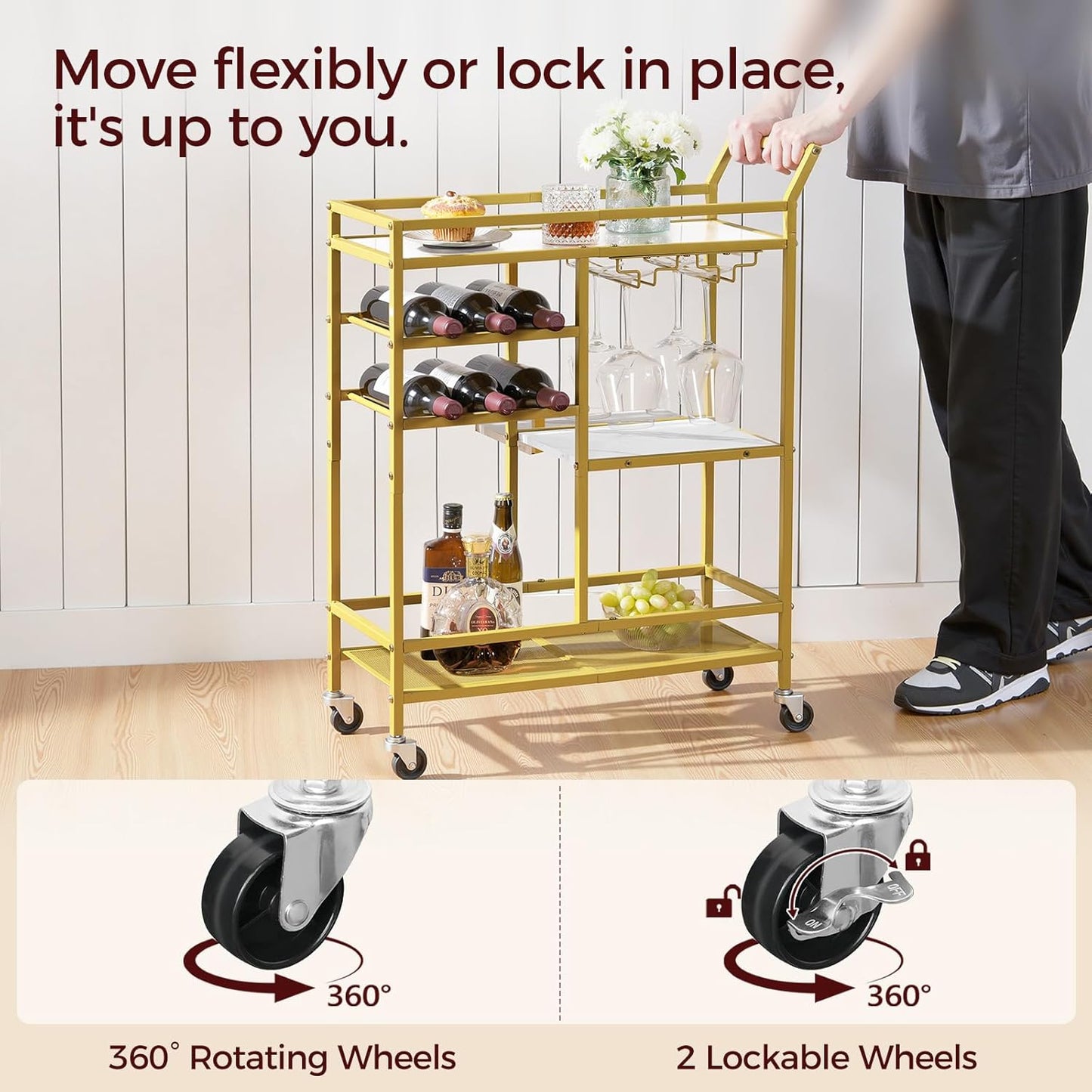 Bar Cart for Home, 3-Tier Serving Cart with Mirrored Top, Beverage Cart with Wine Rack and Glass Holder, Drink Cart with Wheels, for Dining Room, Living Room, Gold and White RCJM7101