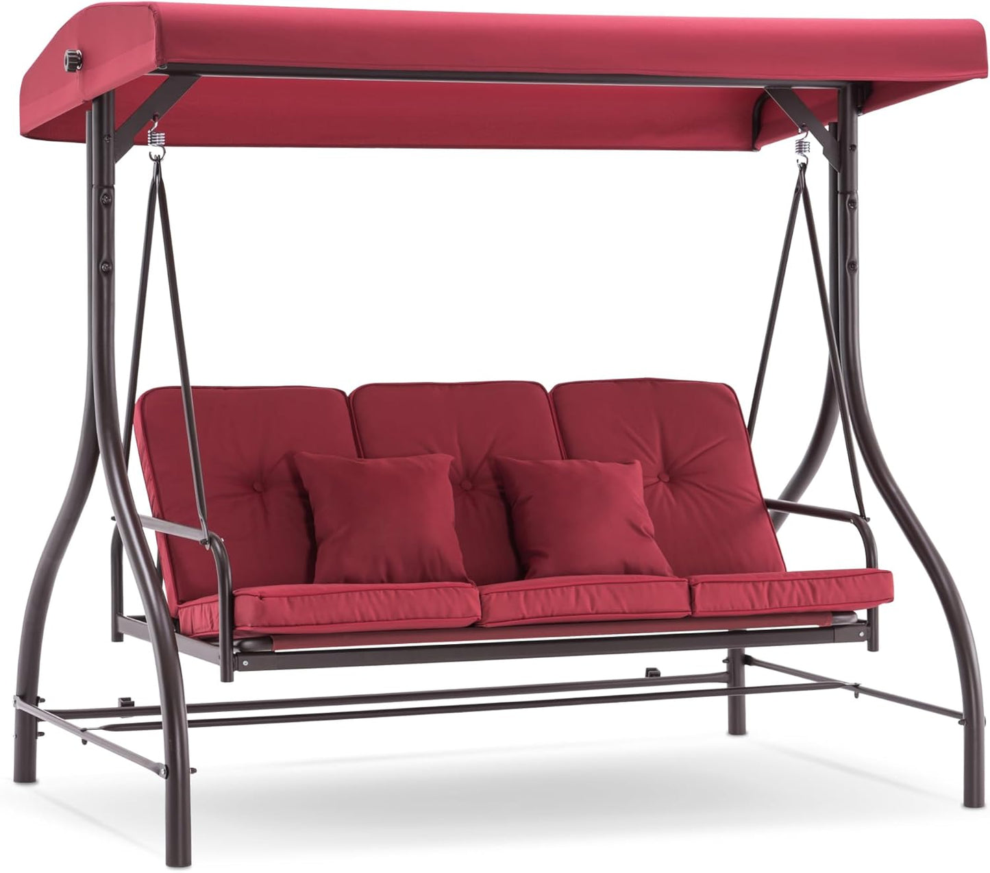 MCombo 3-Seat Outdoor Patio Swing Chair, 2-in-1 Convertible Porch Swing Glider Chair with Removable Cushions, Adjustable Canopy & Pillows for Backyard, Deck, Garden, 4068 (Burgundy)