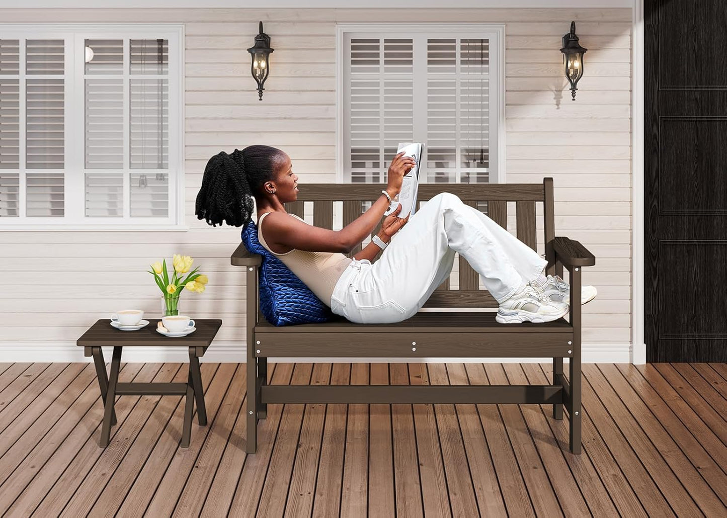 SERWALL Outdoor Bench, HDPE Outdoor Benches Weatherproof, 2-Person Garden Bench with 660 lbs Weight Capacity, Patio Benches for Outdoors, Garden, Porch, Backyard and Park, Coffee