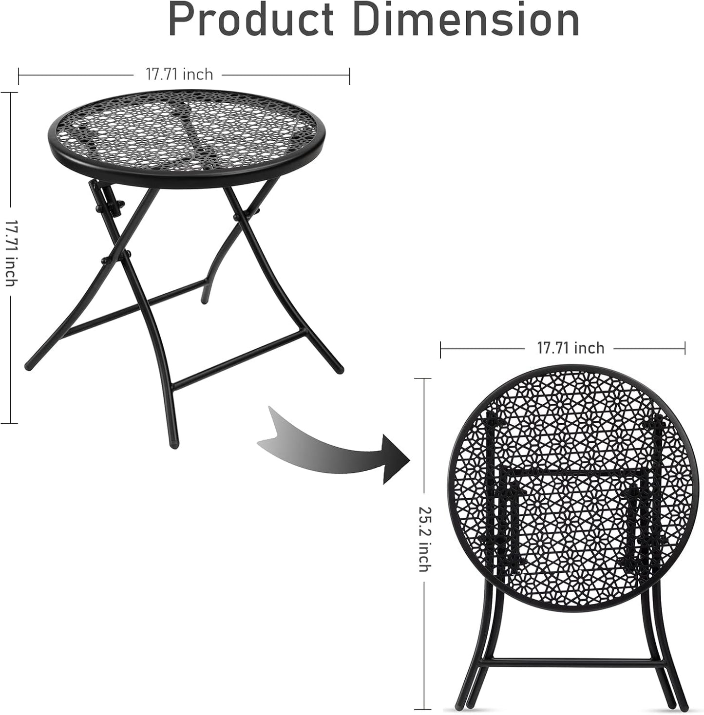 TeoKJ Folding Outdoor Side Tables, Anti Rust Small Patio Table Round Metal Nightstand with Flower Cutouts for Porch Yard Balcony Deck Lawn, Set of 2, Black