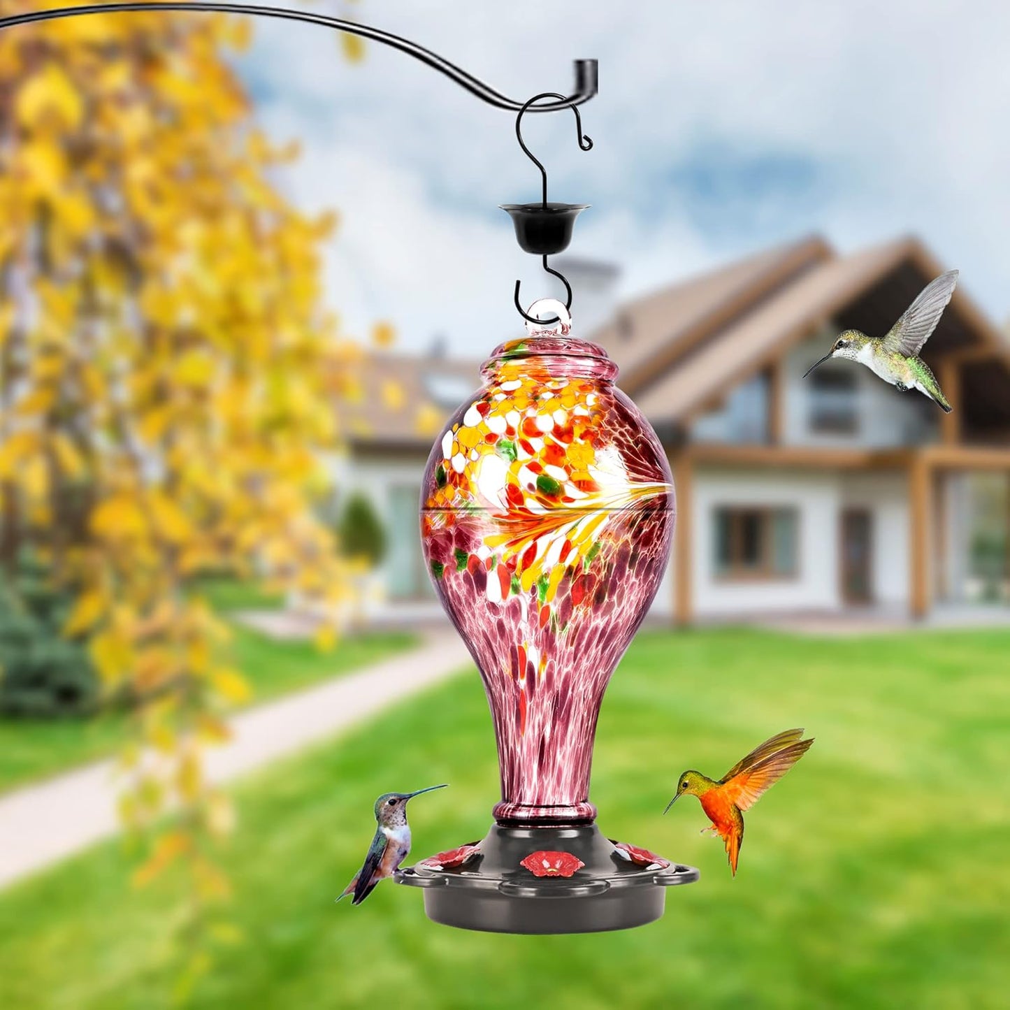 LUJII Hand Blown Glass Hummingbird Feeder for Outdoors Hanging with Ant Guard, 36 fl.oz, Leak Proof & Rustproof, Metal Base with 5 Feeding Ports & 5 Perches, Unique Garden & Backyard Decor (Purple)