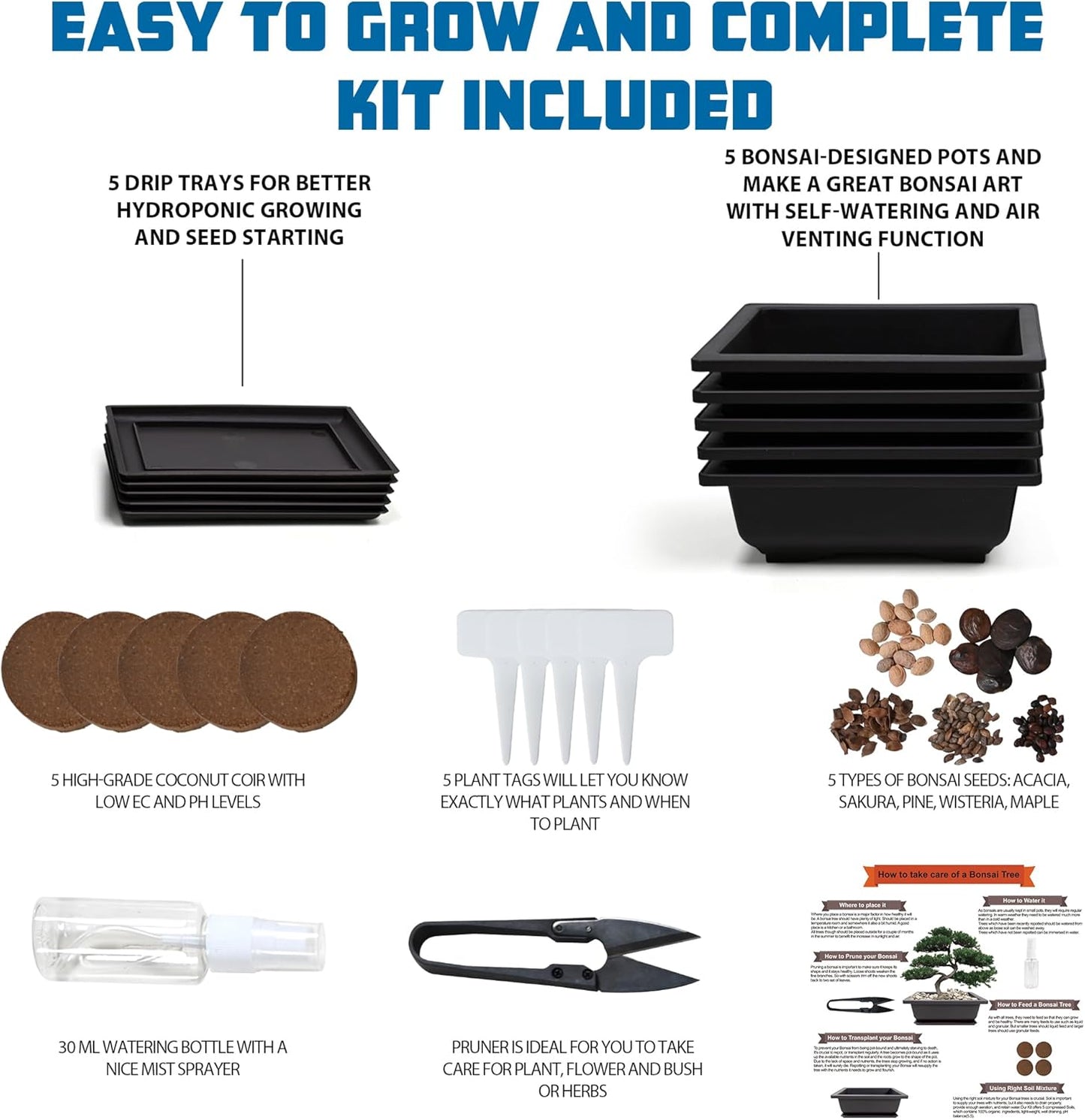 Bonsai Starter Kit, 5 Seeds Growing into Acacia, Wisteria, Sakura, Red Maple and Black Pine, Including Complete Gardening Tools with A Gift Box, Christmas Gifts for Men Women Beginners