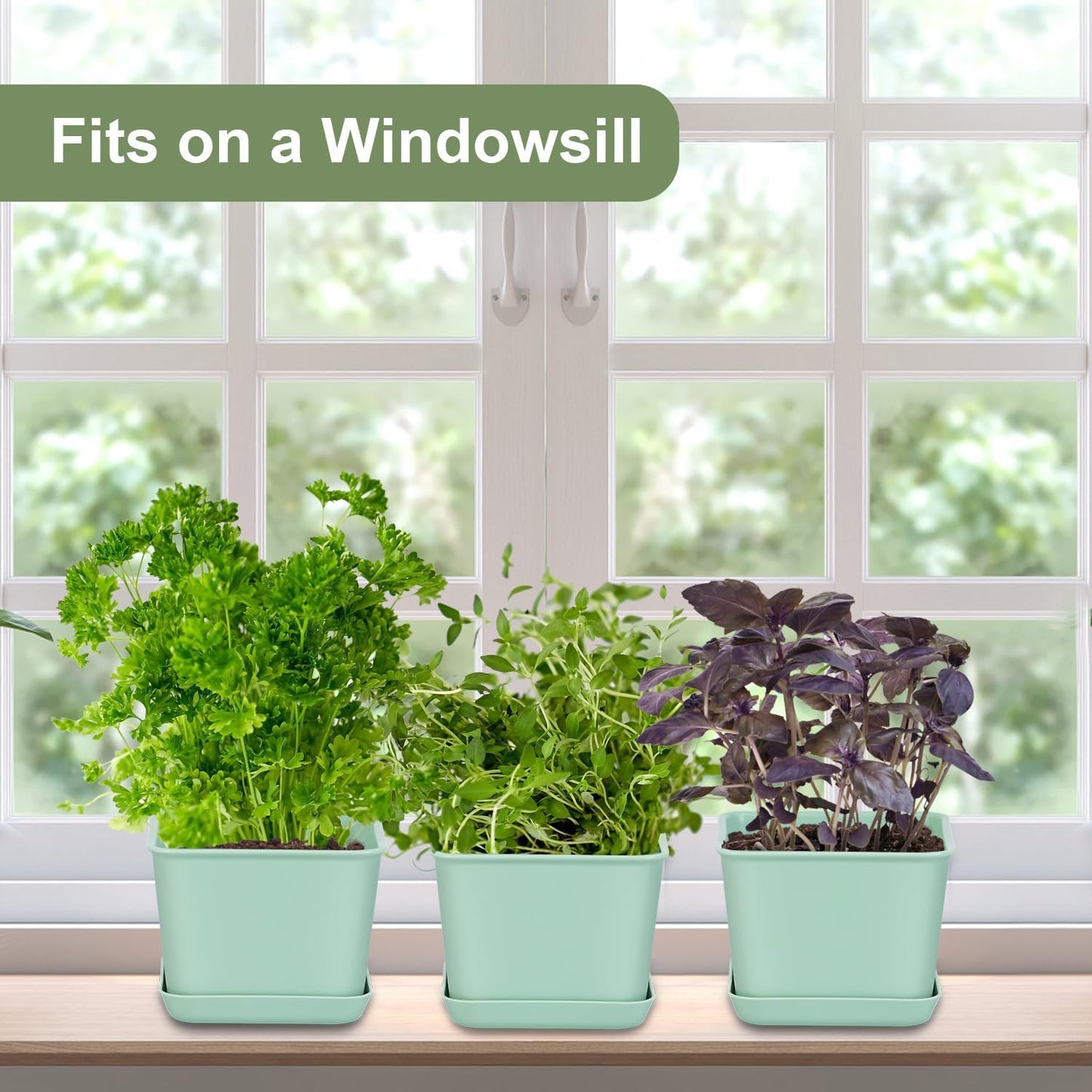 Herb Garden Planter Indoor Kit Pots for Indoor/Outdoor Plants 4 Packs Windowsill Plant Pots with Drainage and Tray, Window Pot for Indoor Plants (Green)