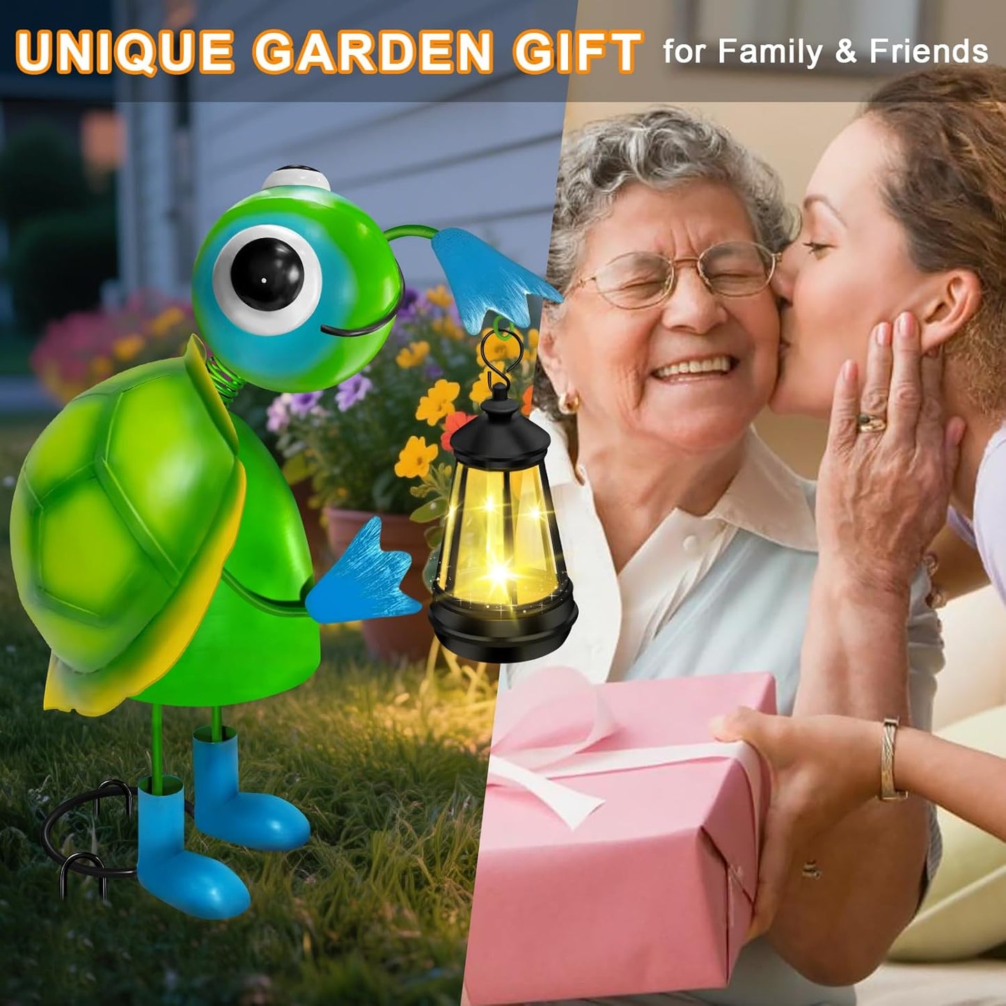 Solar Garden Lights Turtle Statue with Solar Lantern Lights,13.78in Tall Big Metal Turtle Garden Decor,Birthday Gifts for Women Mom,Decorative Stakes for Home Decorations,Patio,Porch,Yard Art,Ornament