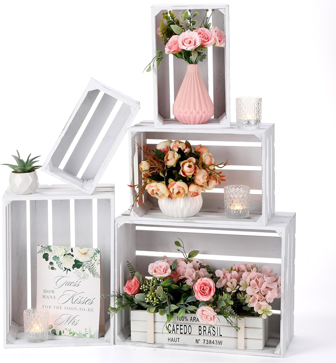 Soaoo 5 Pcs Decorative Nesting Wooden Crates for Storage Display 5 Size Large Small Rustic Wood Decorative Storage Crates with Handle Farmhouse Crate Box Container Made from Pine(Vintage White)