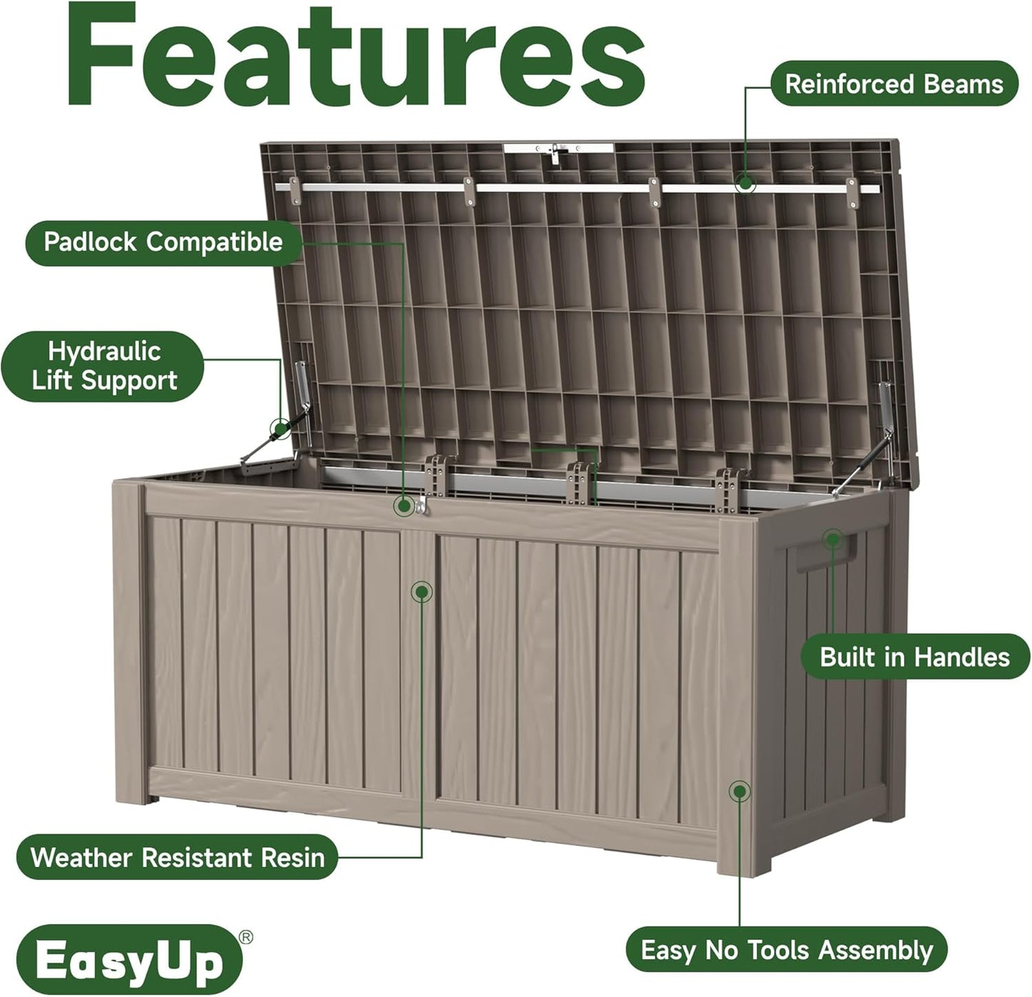 120 Gallon Outdoor Storage Box Waterproof, UV Resistant Resin Deck Box with Hydraulic Rod, Reinforced Stability for Patio, Garden, and Pool, Striped Gray