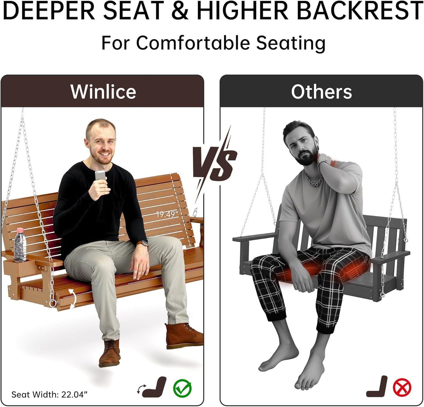 Wooden Outdoor Porch Swings, 3 Seater Front Porch Swing with Upgraded 22" Deep Seat, Heavy Duty 880 Lbs Swing Bench Chair for for Patio, Backyard, Garden (Teak Tone, 5 FT)