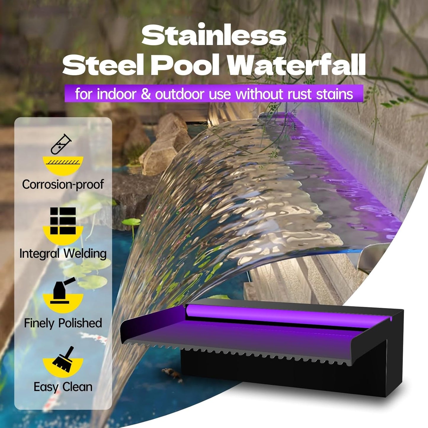 Pool Waterfall Spillway Stainless Steel Pond Fountain, APP Control Colorful LED Lighted Outdoor Black Fountains, Water Flow Spillways Kit for Koi Pond, Swimming Pool, Garden-35.4"x7.8"x3.9"