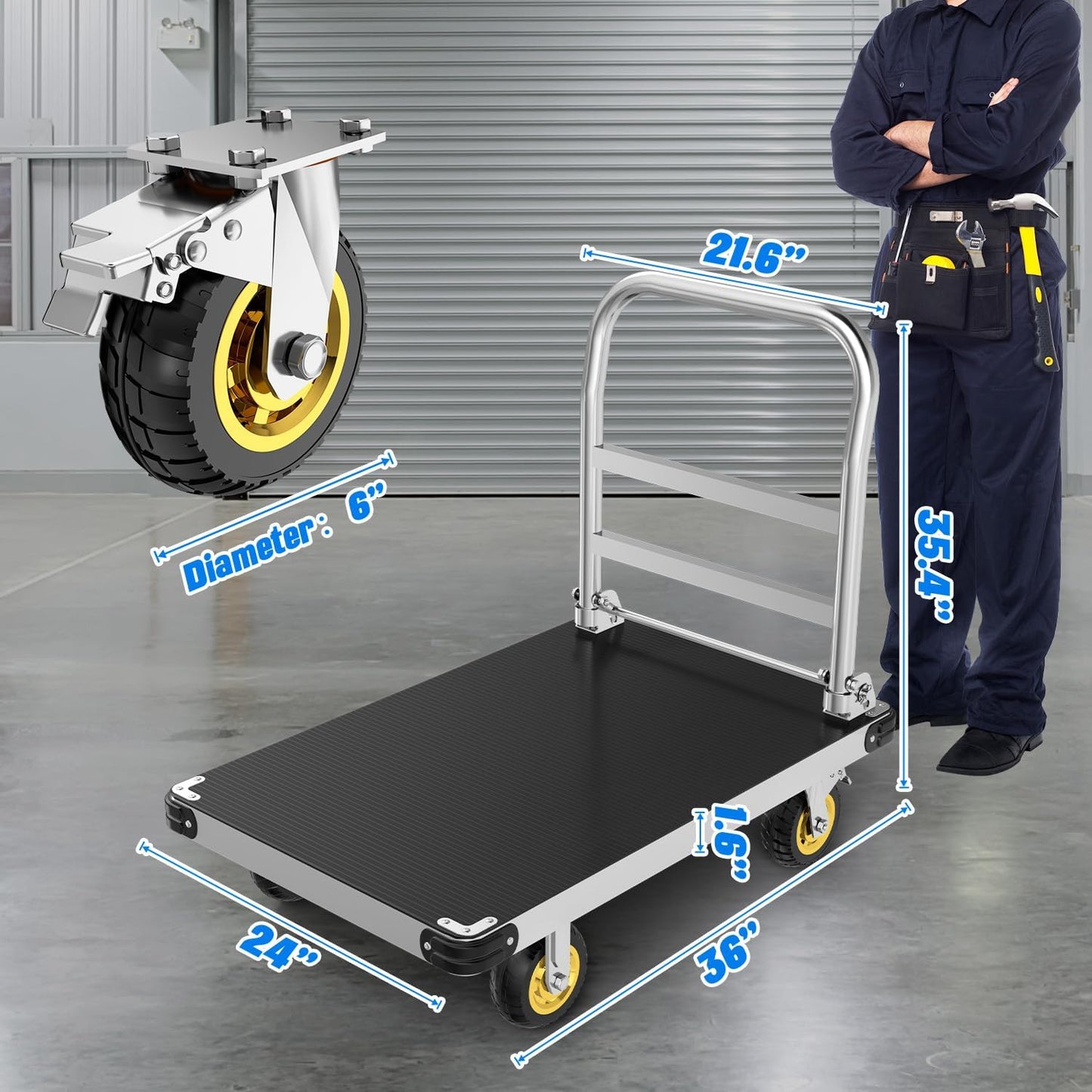 Heavy Duty Platform Truck, 2200 LBS Capacity with Reinforced Bottom Support, 2MM Thick Steel Flatbed with 6'' Swivel Brake Wheels, 36x24 Inch Foldable Push Cart Dolly