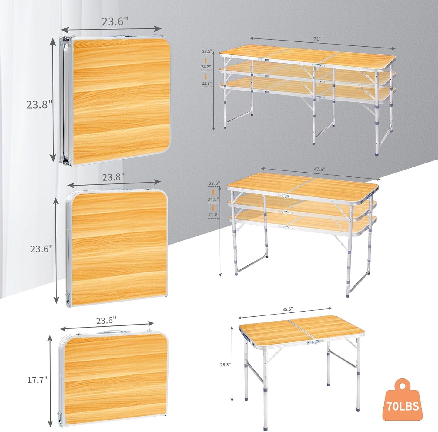 3.0 Ft Folding Portable Camping Table with Adjustable Height Legs, RV Dining Tables,Grill, DJ, BBQ, Dining, Picnic, Beach, Garden, Party, Yellow