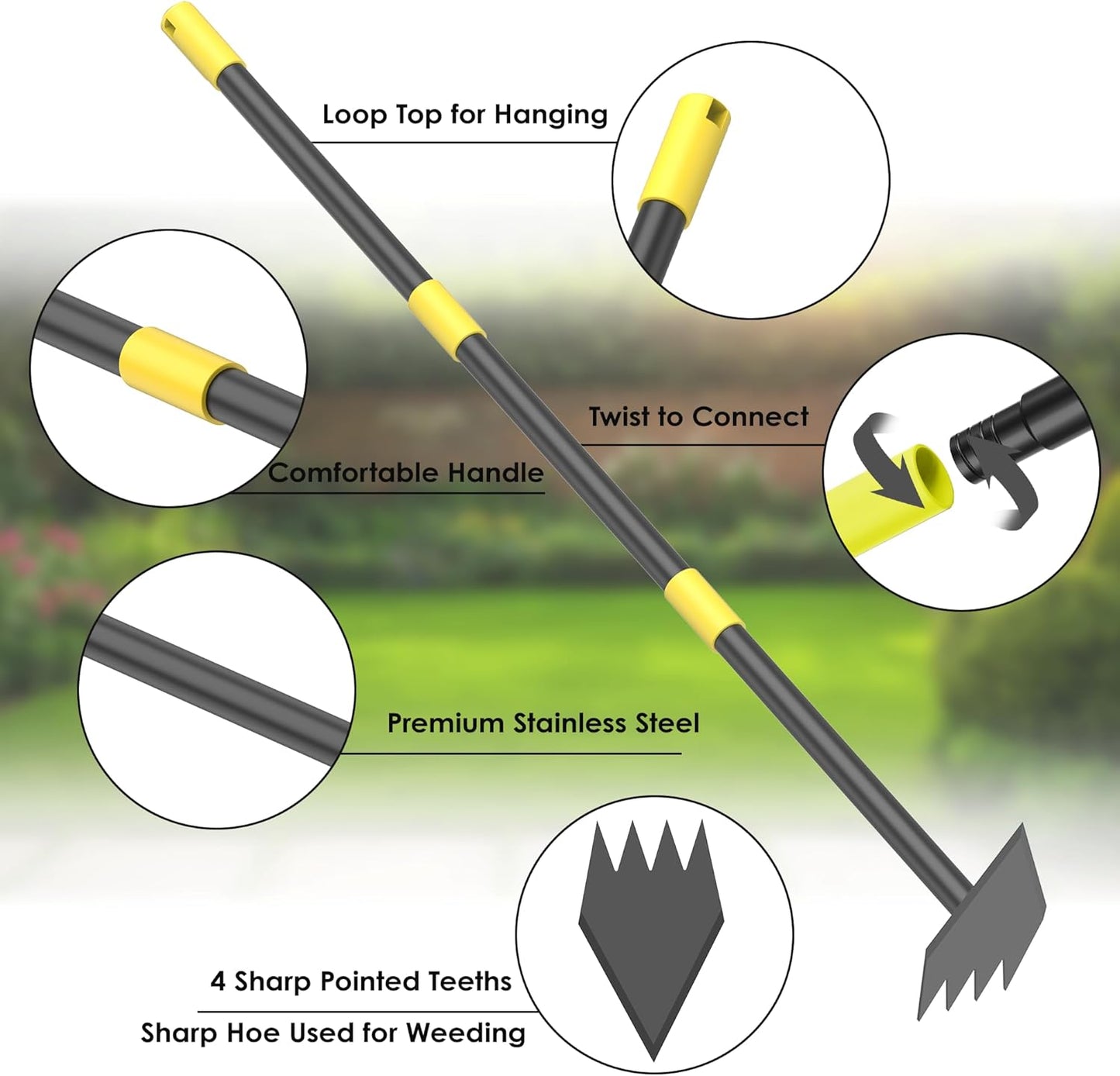 Dual Headed Weeding Tool, Long Handle for Loosening Soil Weeding Digging with Heavy Duty Stainless Steel Manual Weeder Hoe Garden Tool 17-45 inch Metal Black