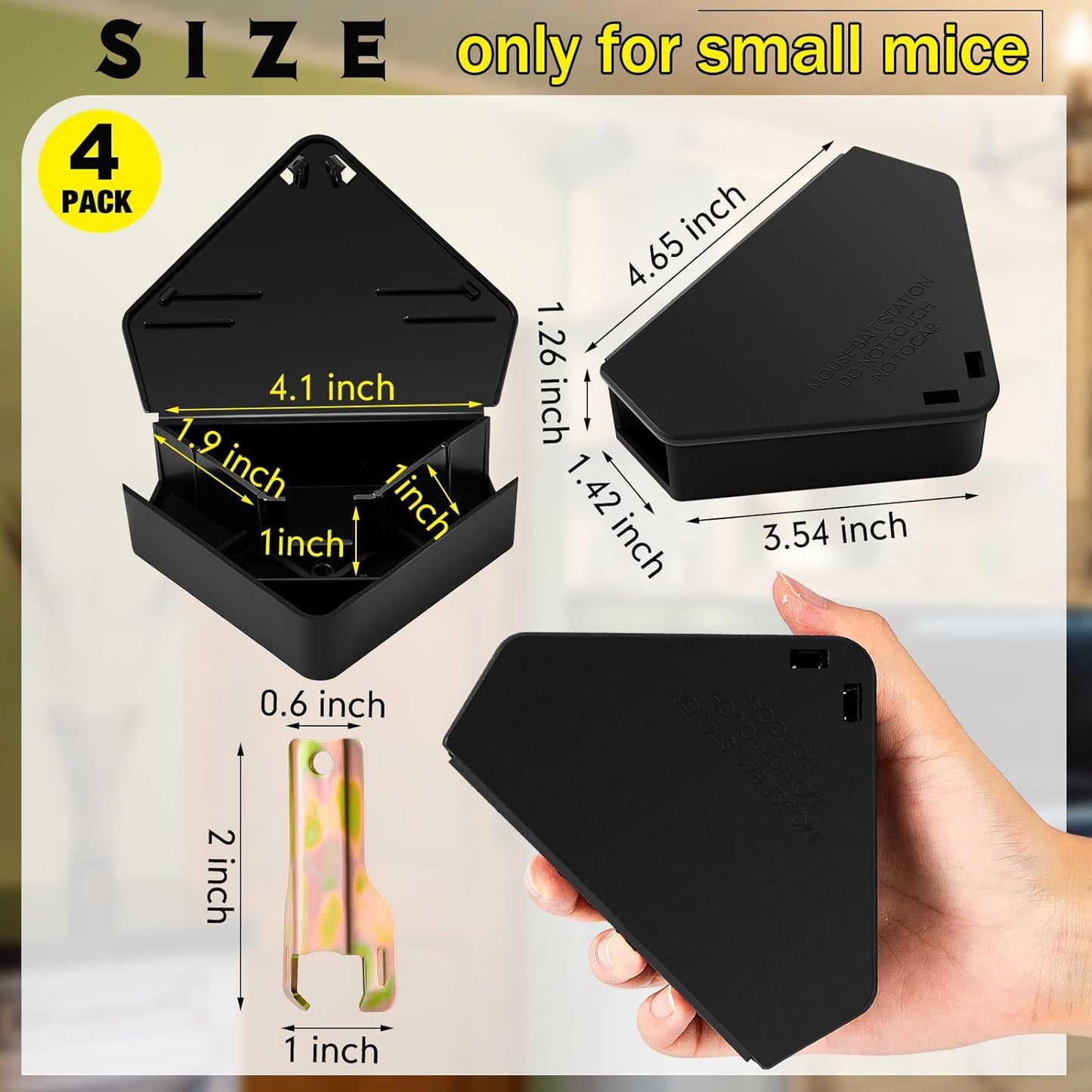 Qualirey 4 Pcs Mice Station with Key Triangle Bait Station Reusable Rodent Trap Bait Box, Keeps Children and Pets Safe Indoor & Outdoor, Bait Not Included, Suitable for Small Mice (Black)