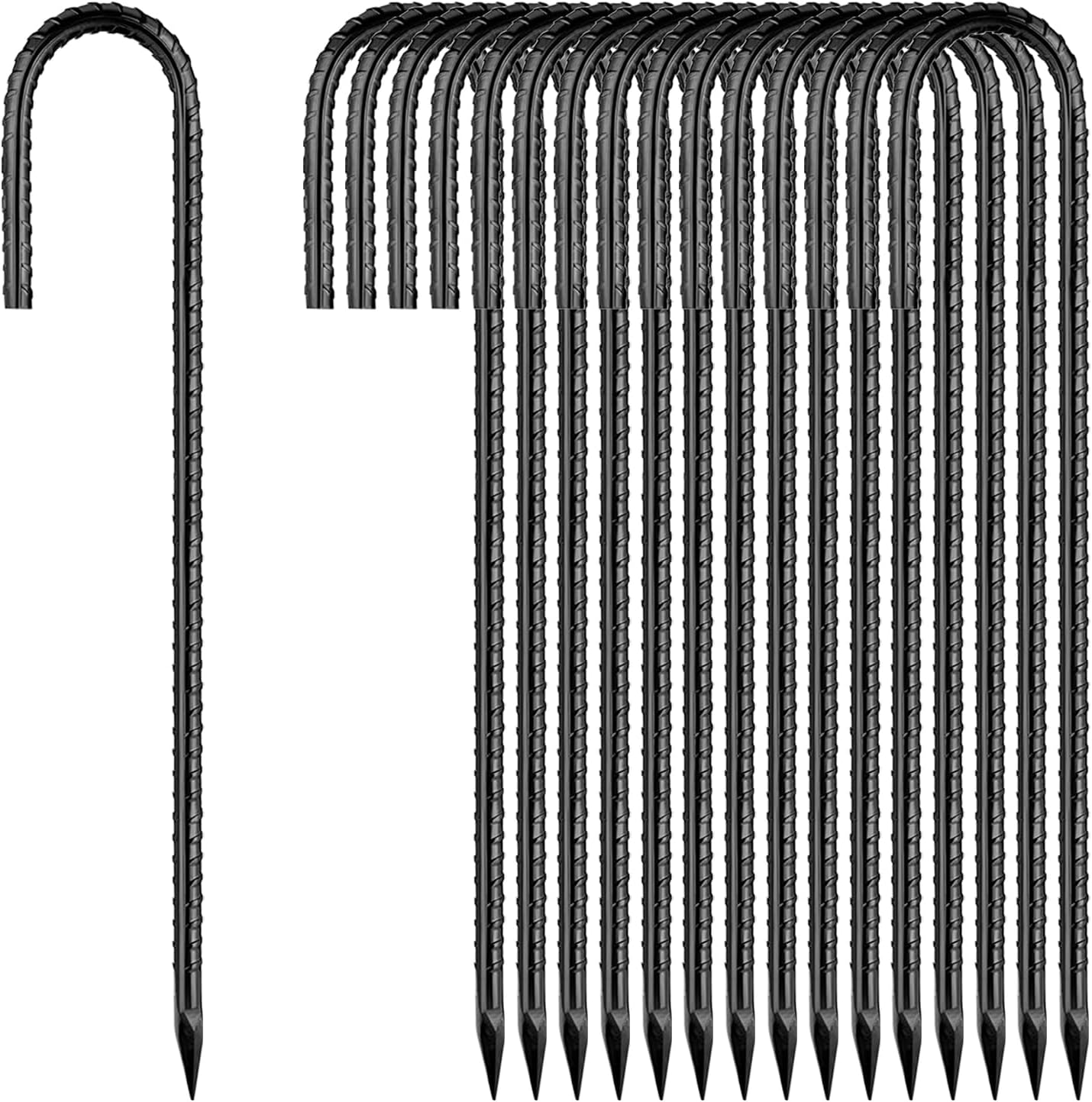Rebar-Stakes-12Inch,J Hooks Ground Stakes Anchors for Gardening Black Coated Ground Stakes 50pcs Anti-Rust Heavy Duty Dog Fence Fixed Water Pipes Soccer Goals Tent Camping Trampoline