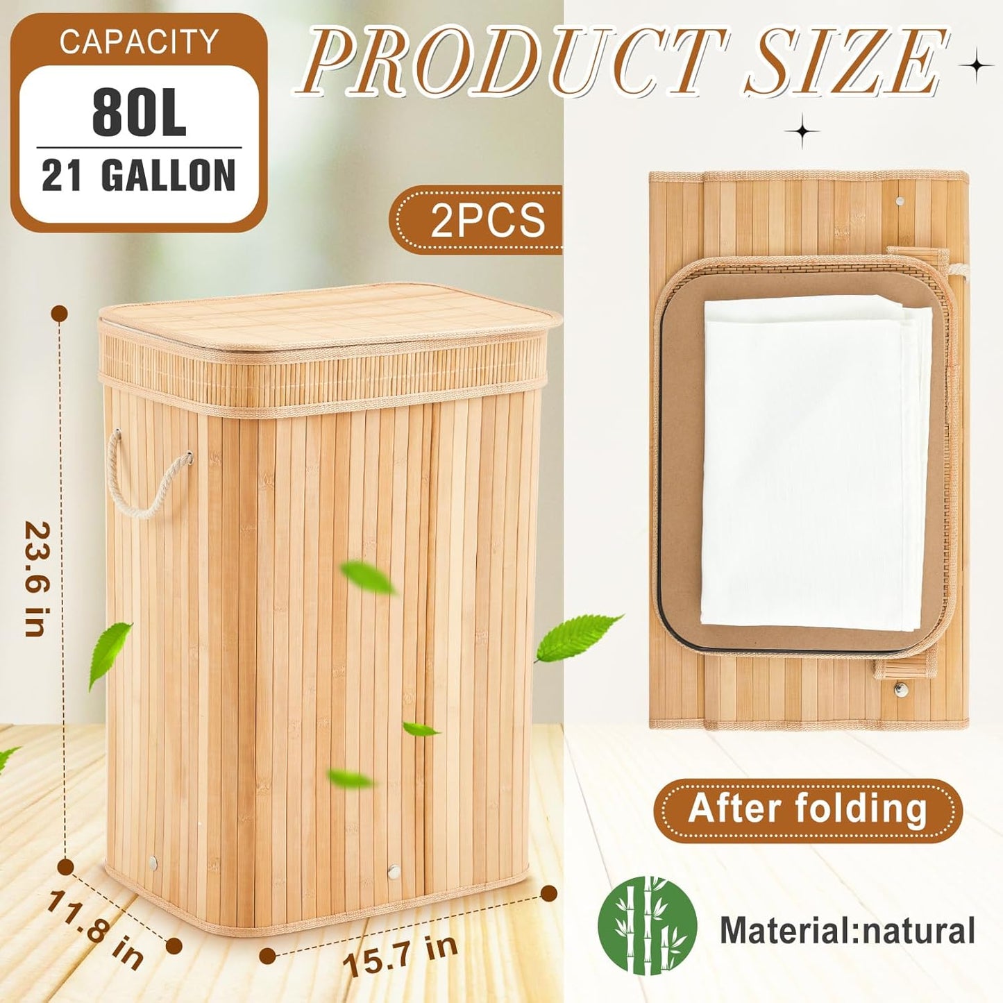 Bamboo Slim Trash Can with Lid, 21 Gallon Large Foldable Slim Rectangular Garbage Can Bamboo Waste Basket for Bathroom Bedroom Office Home Salon Spa