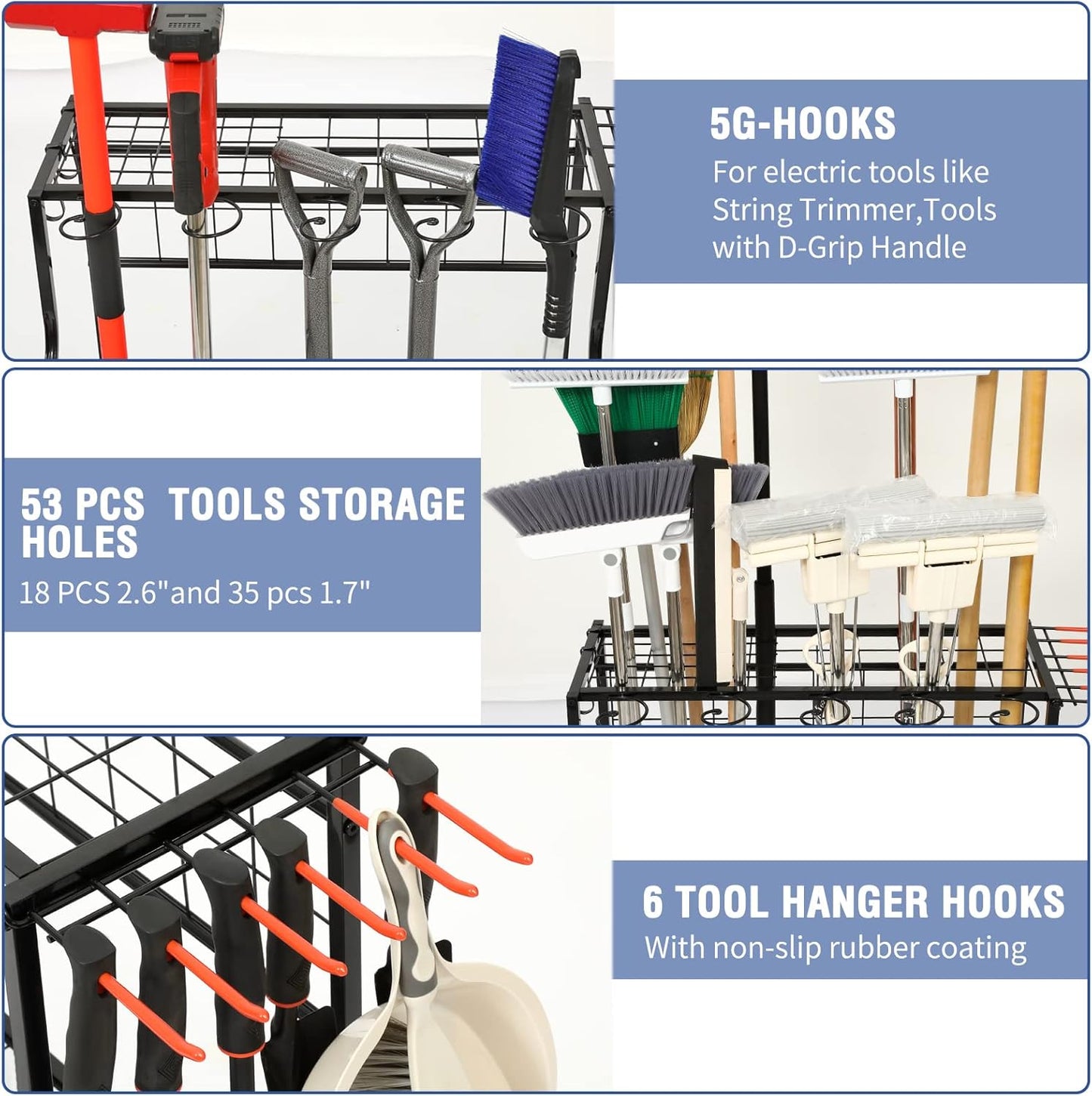 Garden Tool Organizer for Garage, Garden Tool Rack, Up to 58 Long Handled Tools, Yard Tool Holder for Garage, Shed, Outdoor, Tool Stand, Black (Garden Tool Rack)