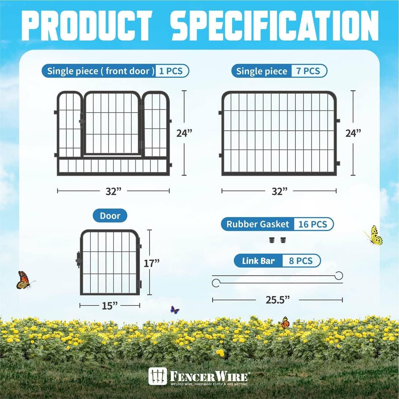 Fencer Wire Decorative Wire Fence, Panel Decor, Heavy Duty Iron Landscape Patio Flower Bed Animal Barrier Border Edging Section, Foldable Garden Fence for Yard for Dog Outdoor, 24 Inch x 21 FT