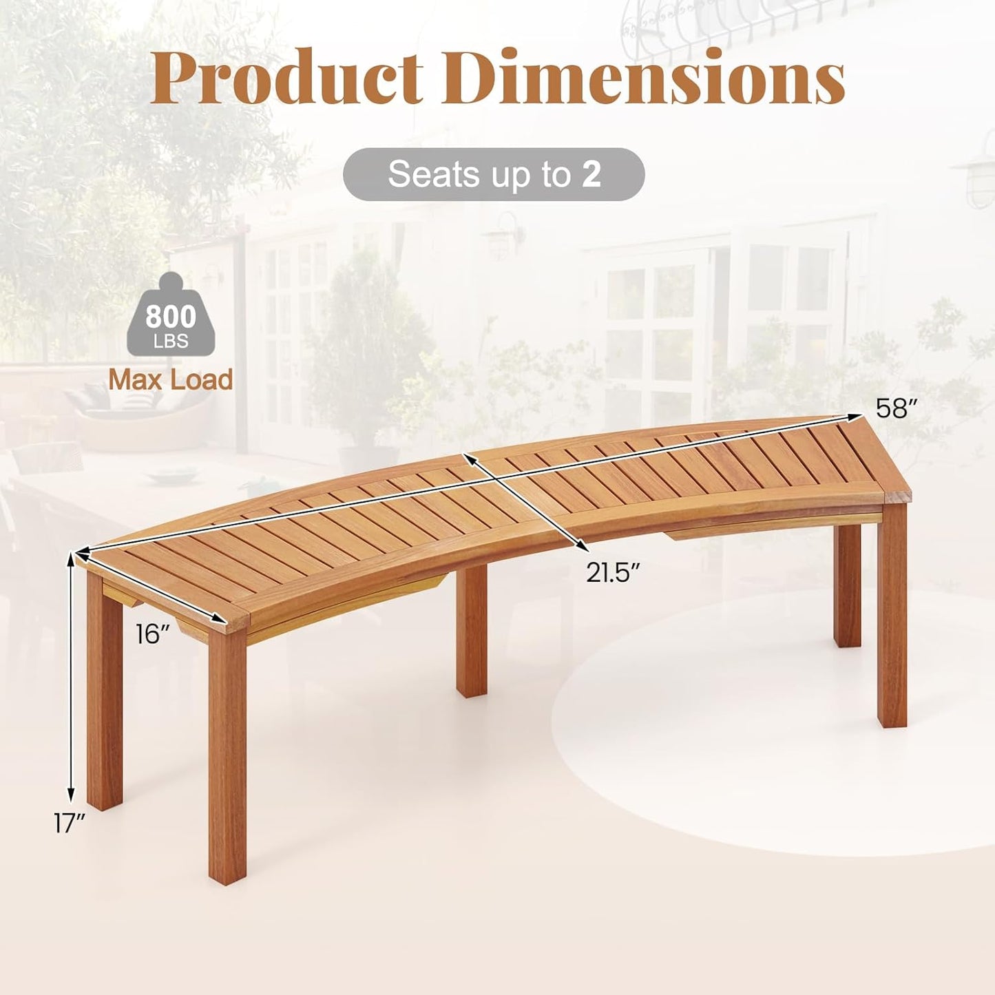 Tangkula Outdoor Curved Bench, Acacia Wood Fire Pit Bench w/Slatted Seat, Patio Backless 2-Person Seating for Porch, Yard, Garden, 800 LBS Max Load, Oil Painted (4, 58")