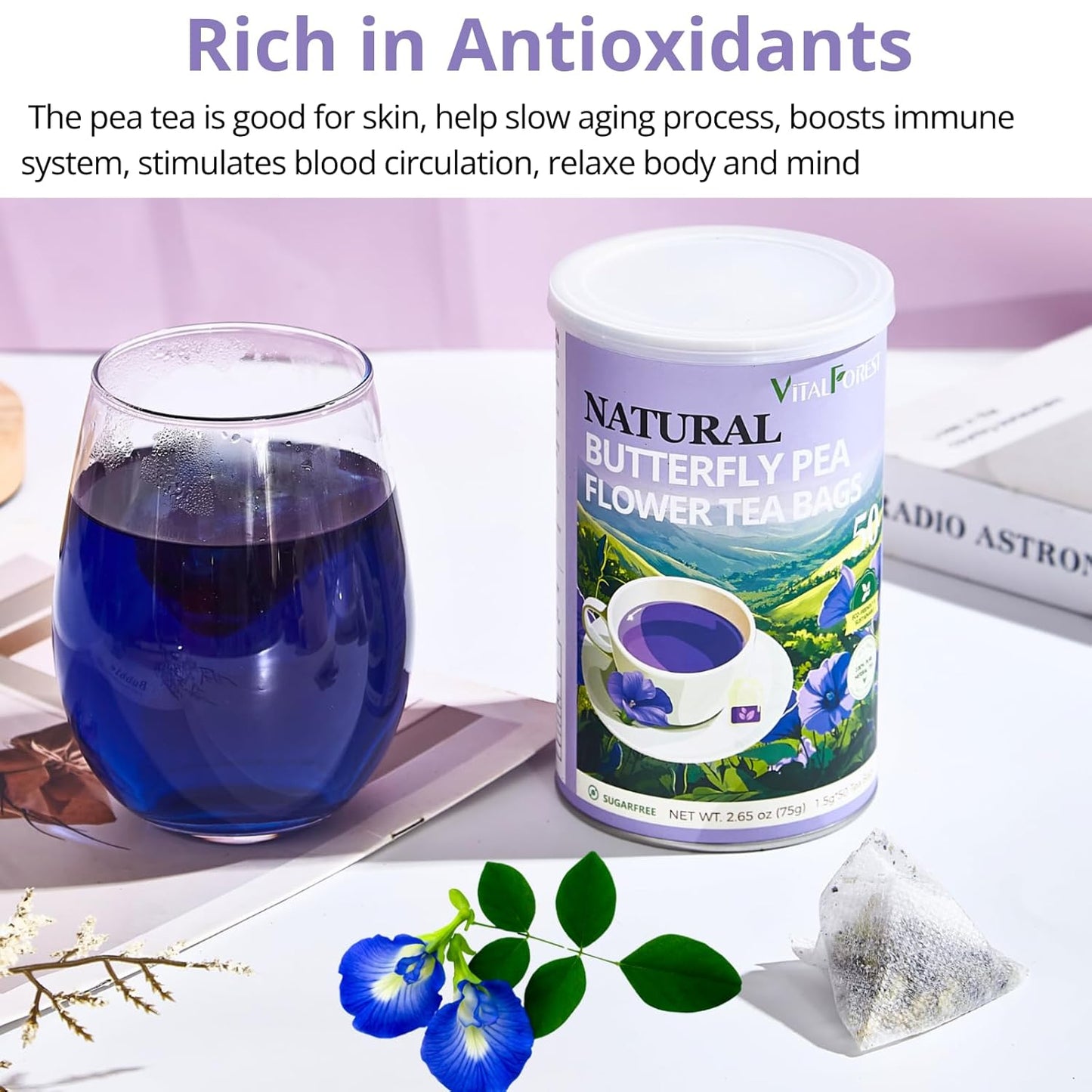 Butterfly Pea Flower Tea Bags – 50 Count, 100% Natural Butterfly Tea from Thailand, Caffeine-Free, Dried Blue Pea Flowers for Hot & Iced Tea, Vibrant Color-Changing for Relaxation & Wellness