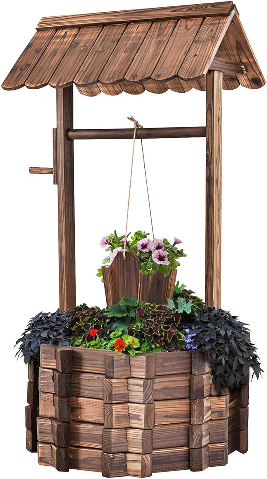 Giantex Rustic Wooden Wishing Well Planter with Hanging Bucket and Roof, Flower Plants Planter Wishing Wells for Outdoors Backyard Patio Garden Lawn Outside Decor