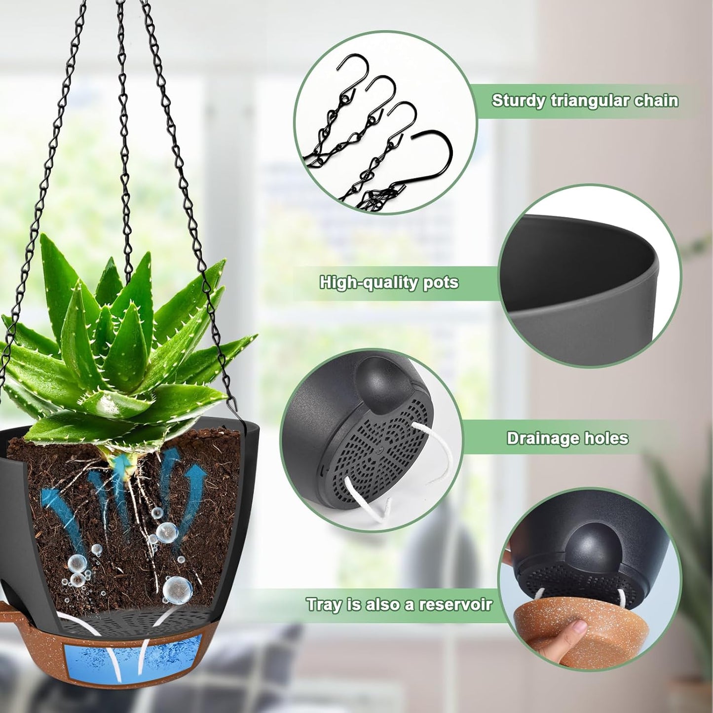 10/9/8 Inch Hanging Planter for Indoor Outdoor Plants, 3 Pack Self-Watering Hanging Pot with Drainage Holes Hanging Planter Baskets Plant Pots with Removable Tray (Black+Brown)