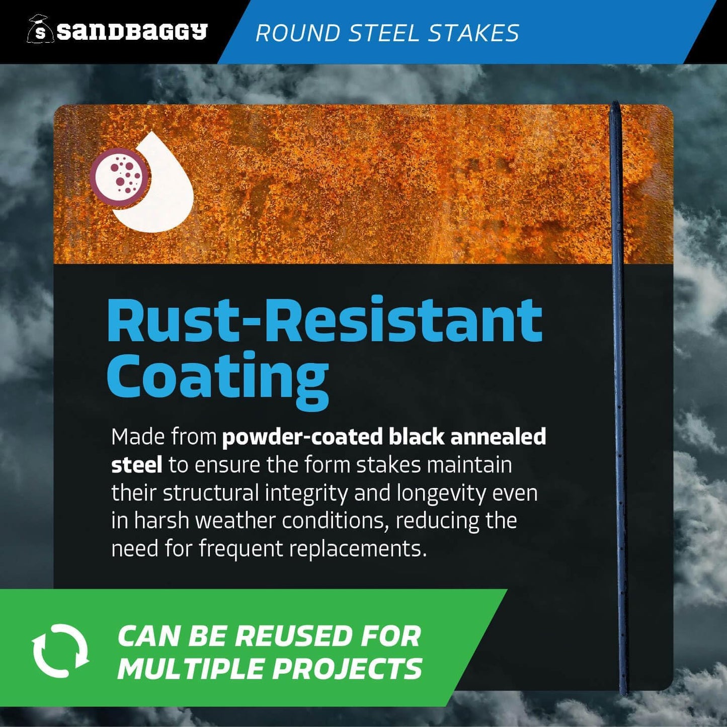 Sandbaggy Round Steel Concrete Form Stakes with Nail Holes - Rust Resistant Coating - Removable, Reusable (1000, 3/4 in X 36 in)