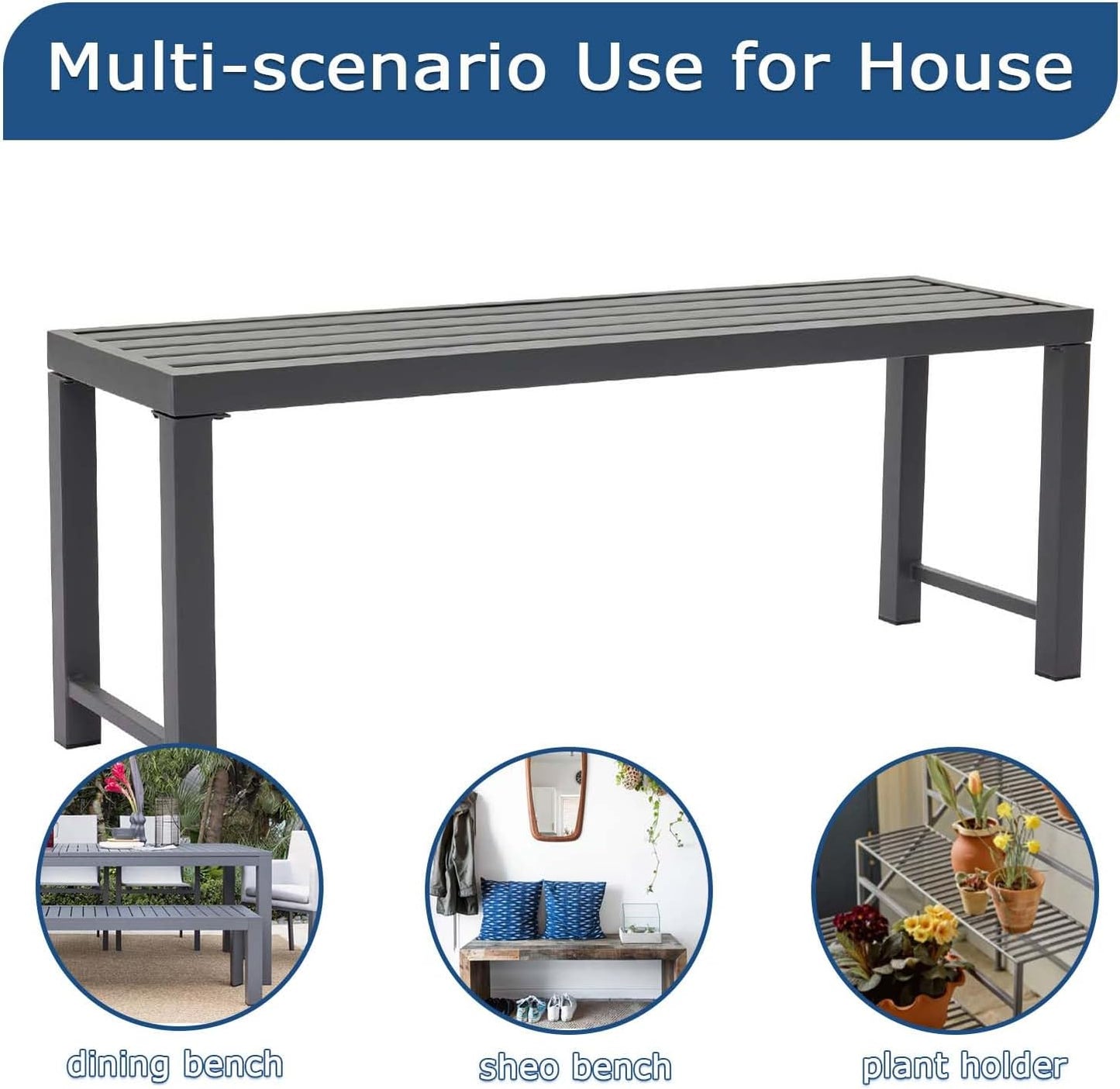 46" Outdoor Metal Backless Bench Set of 2, All-Weather Patio Garden Bench for Backyard, Porch, or Lawn, Durable Steel Bench for Outdoor Spaces, Grey